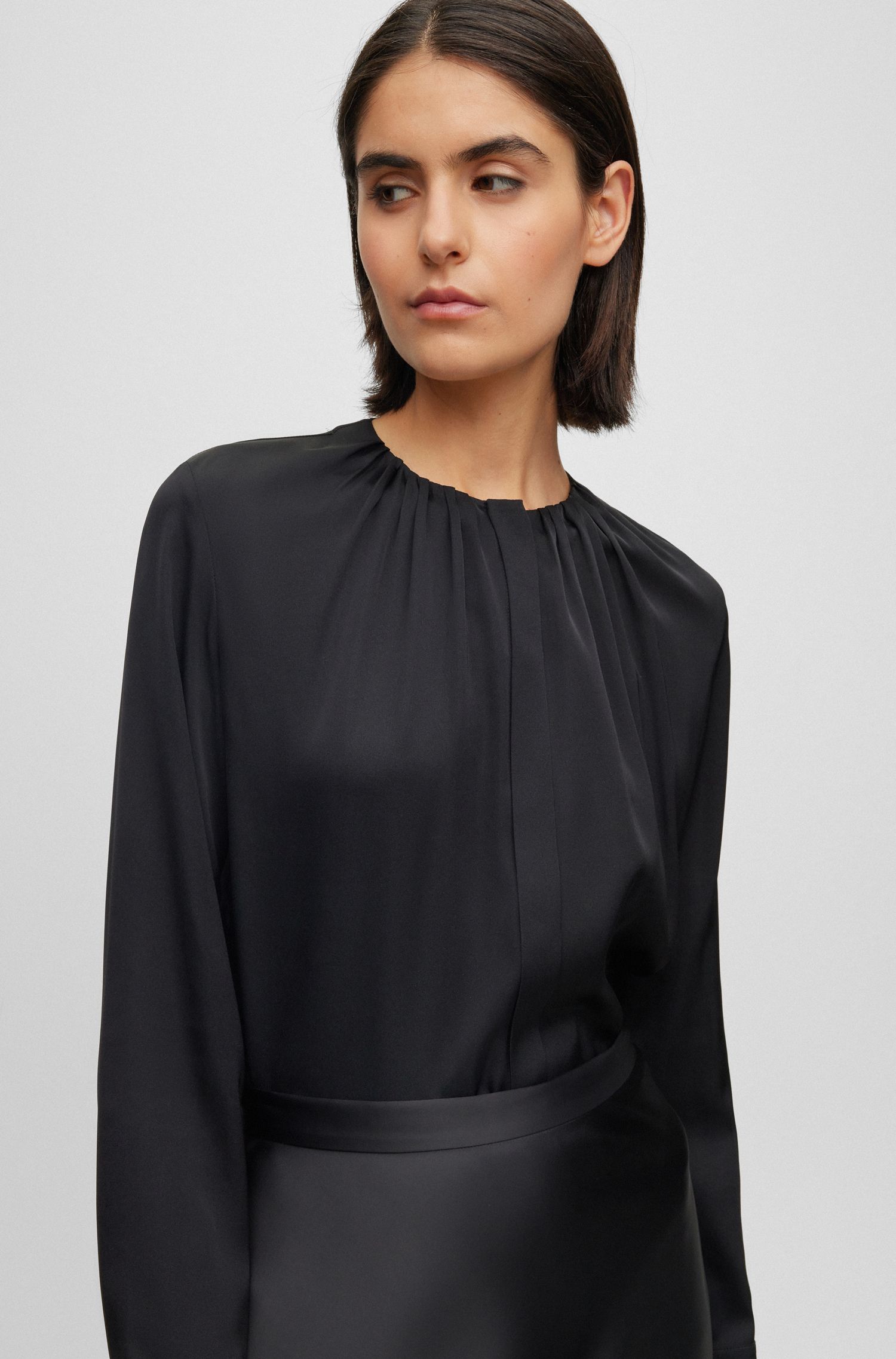 【BOSS博斯】褶皱衣领弹力双绉纱女士衬衫