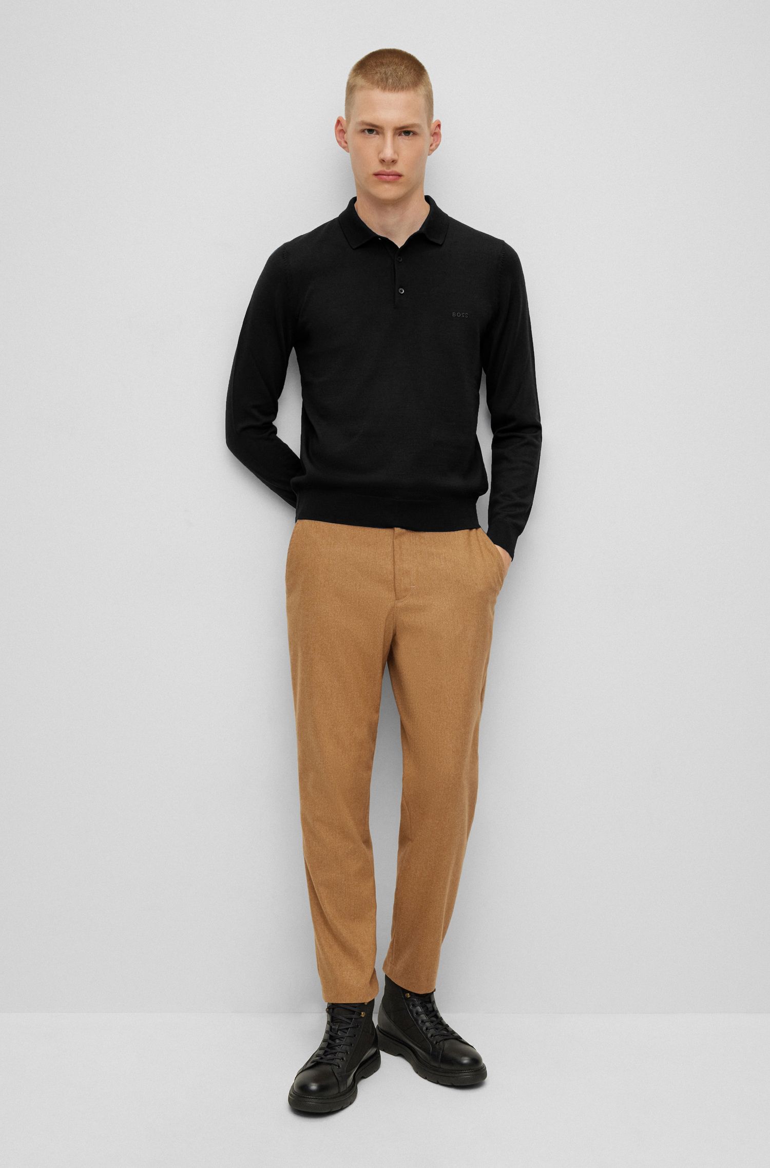 【BOSS博斯】刺绣徽标装饰 Polo 领毛衣