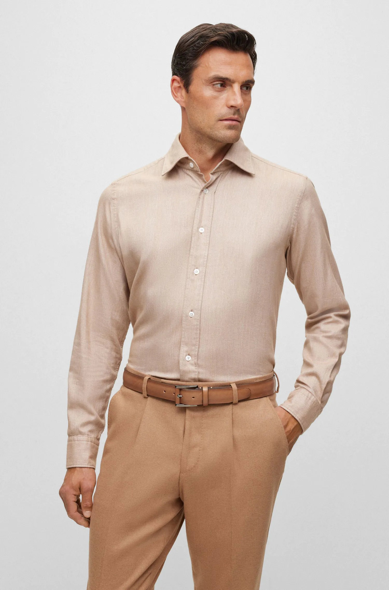 棉混纺人字纹法兰绒常规版型衬衫