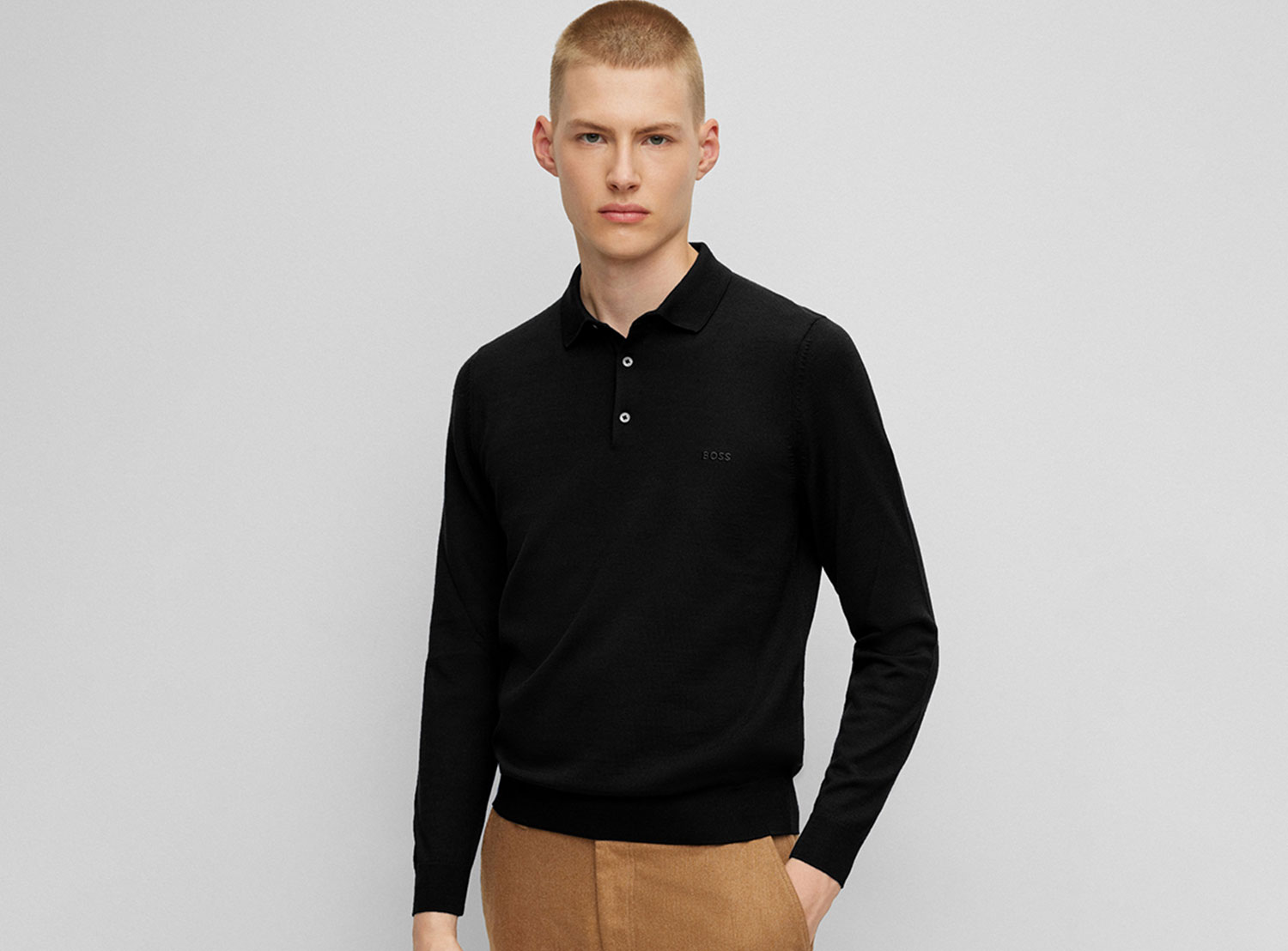 【BOSS博斯】刺绣徽标装饰 Polo 领毛衣