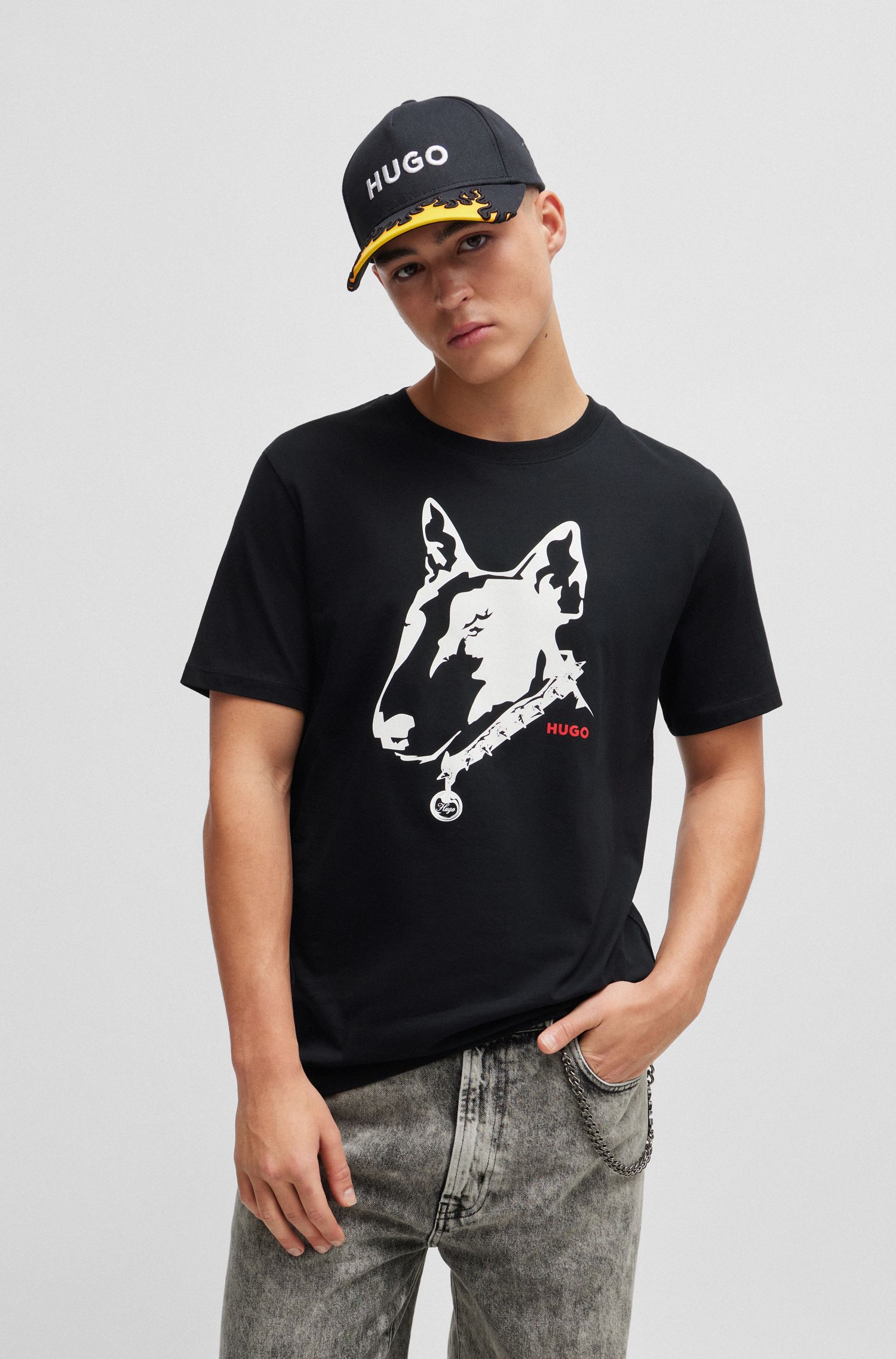 狗狗艺术图案装饰棉质平纹针织布 T 恤