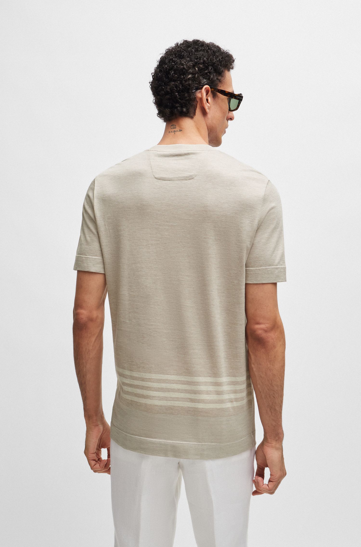棉质丝绸混纺面料条纹细节 T 恤