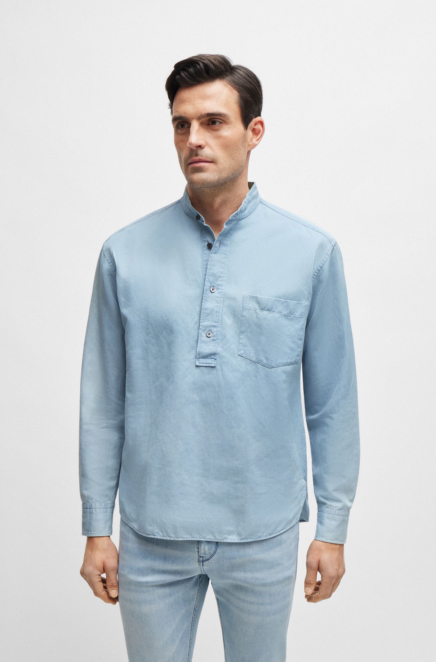 棉和亚麻混纺常规版型套头衬衫