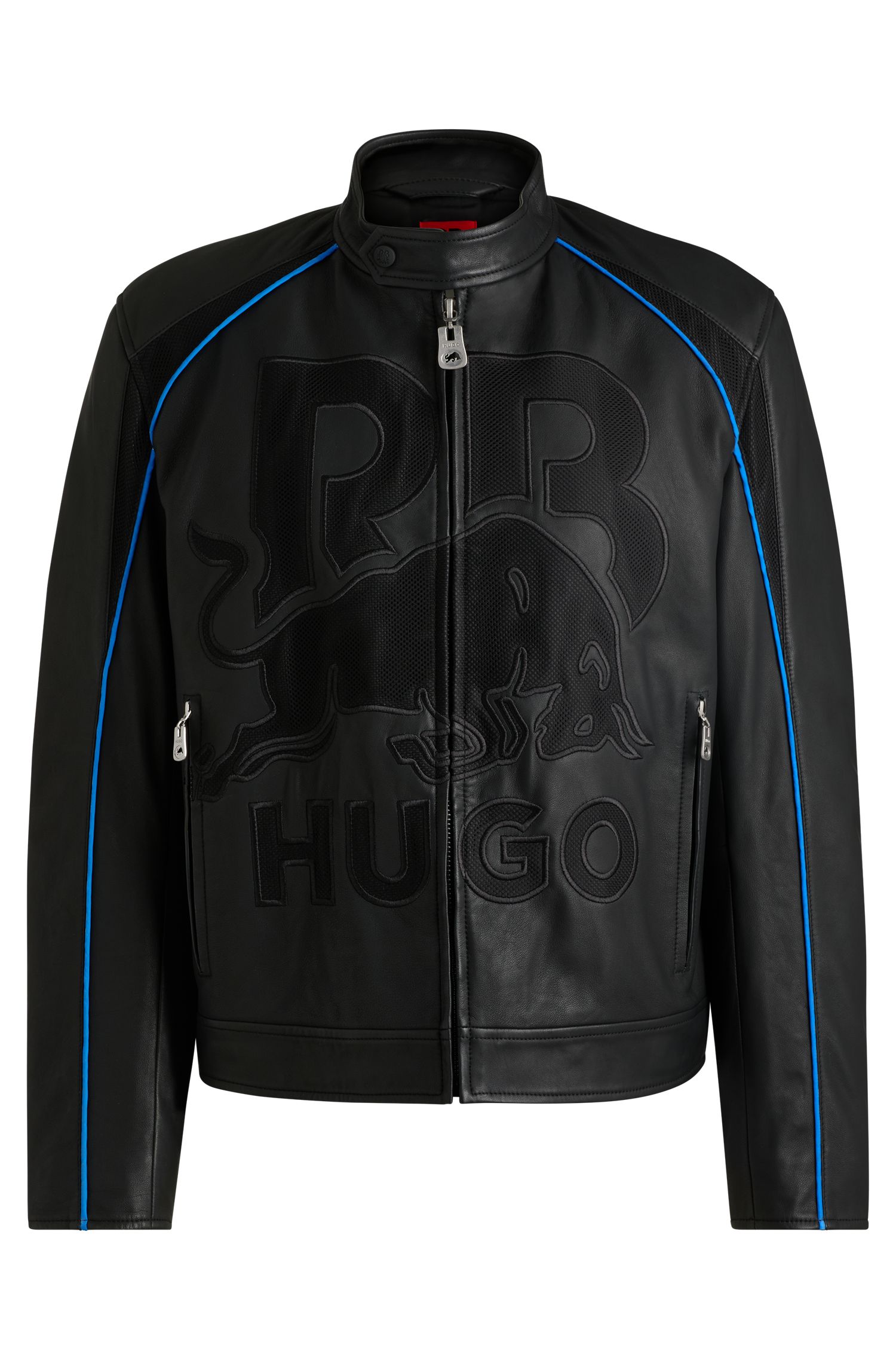 带有压花标志的 HUGO x RB 修身皮夹克