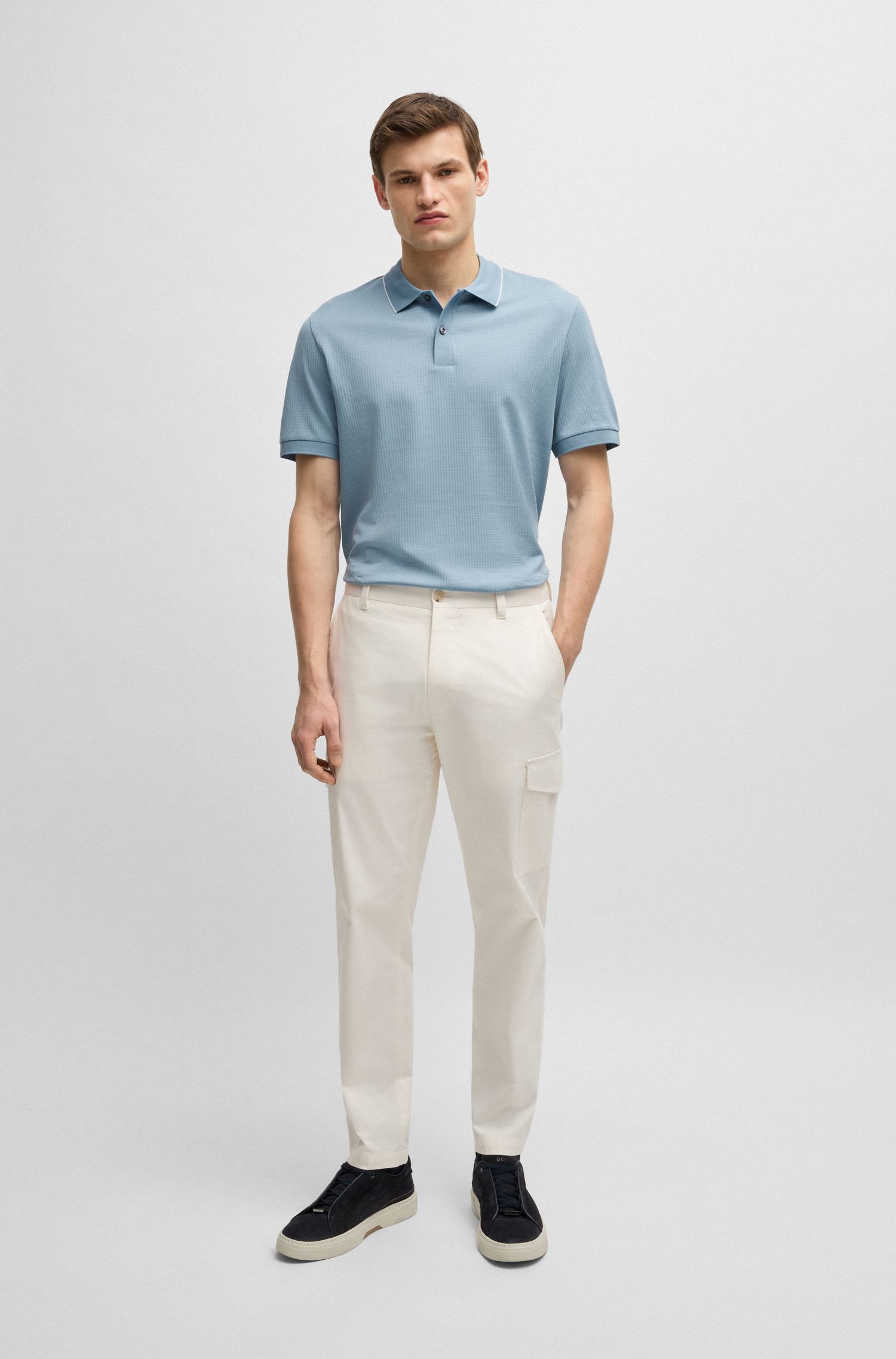 条纹结构棉和真丝混纺 Polo 衫