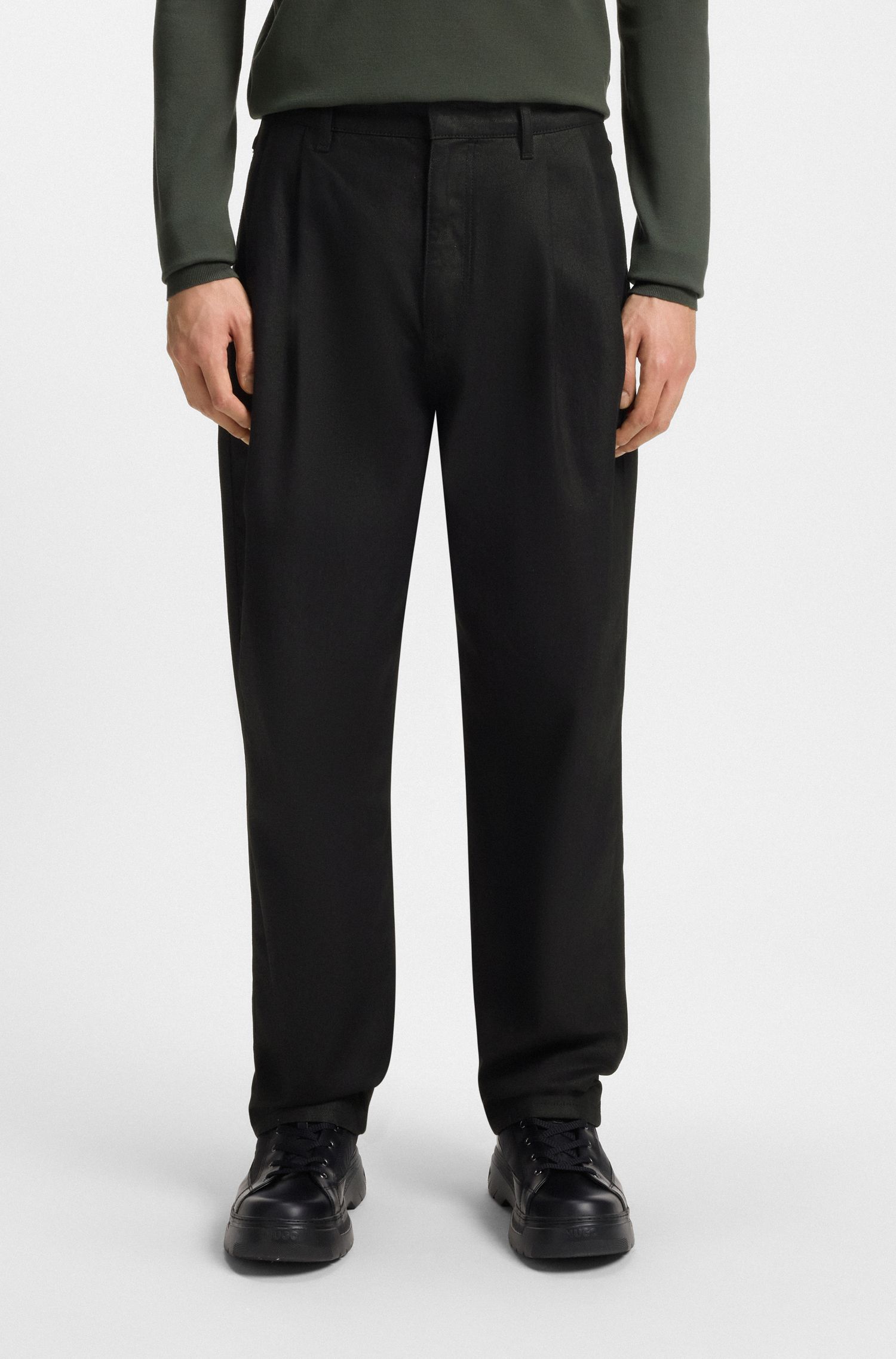 【HUGO雨果】黑色涂蜡牛仔面料宽松版型牛仔裤