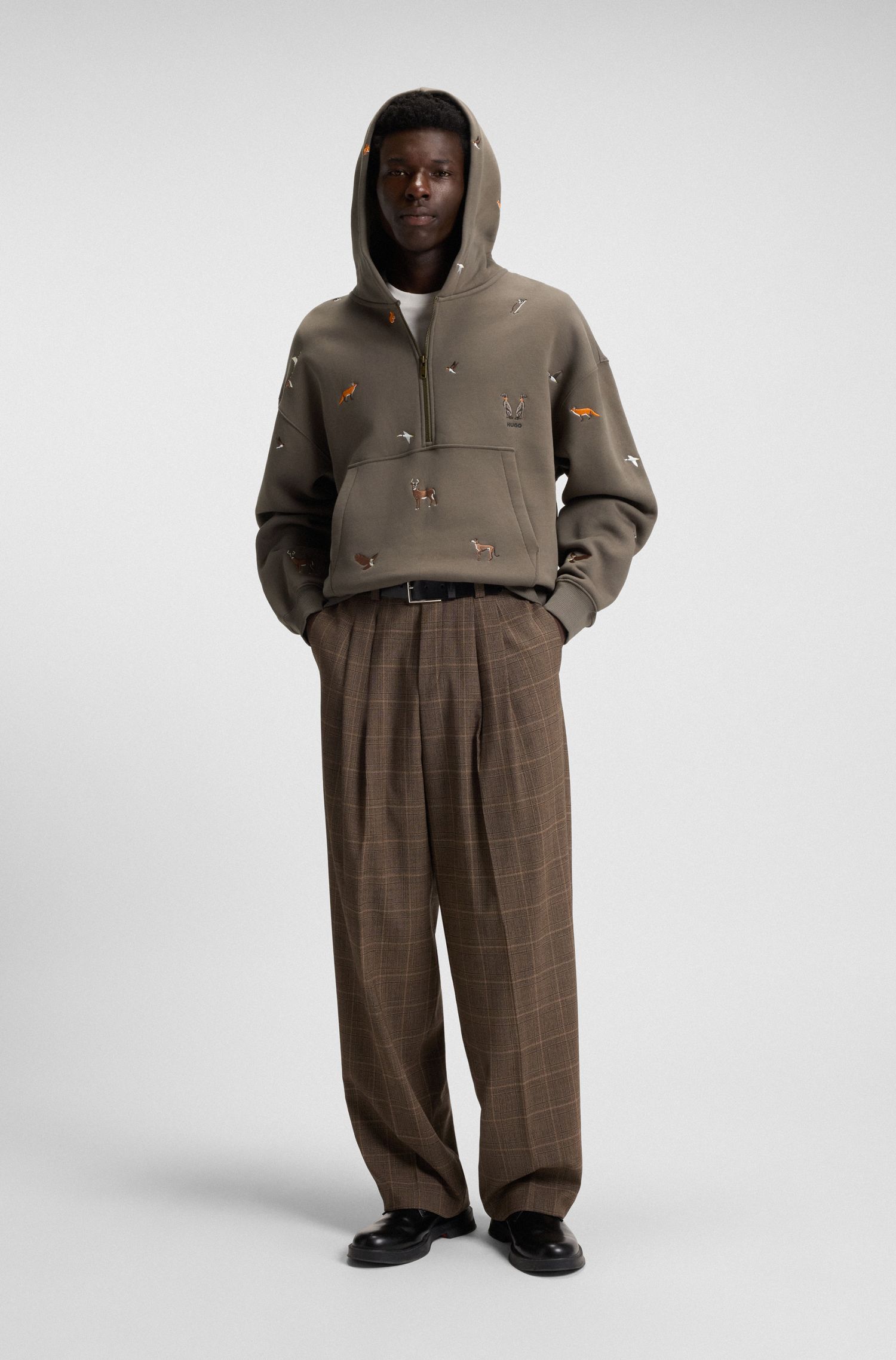 【HUGO雨果】林地动物刺绣宽大版型棉质连帽衫