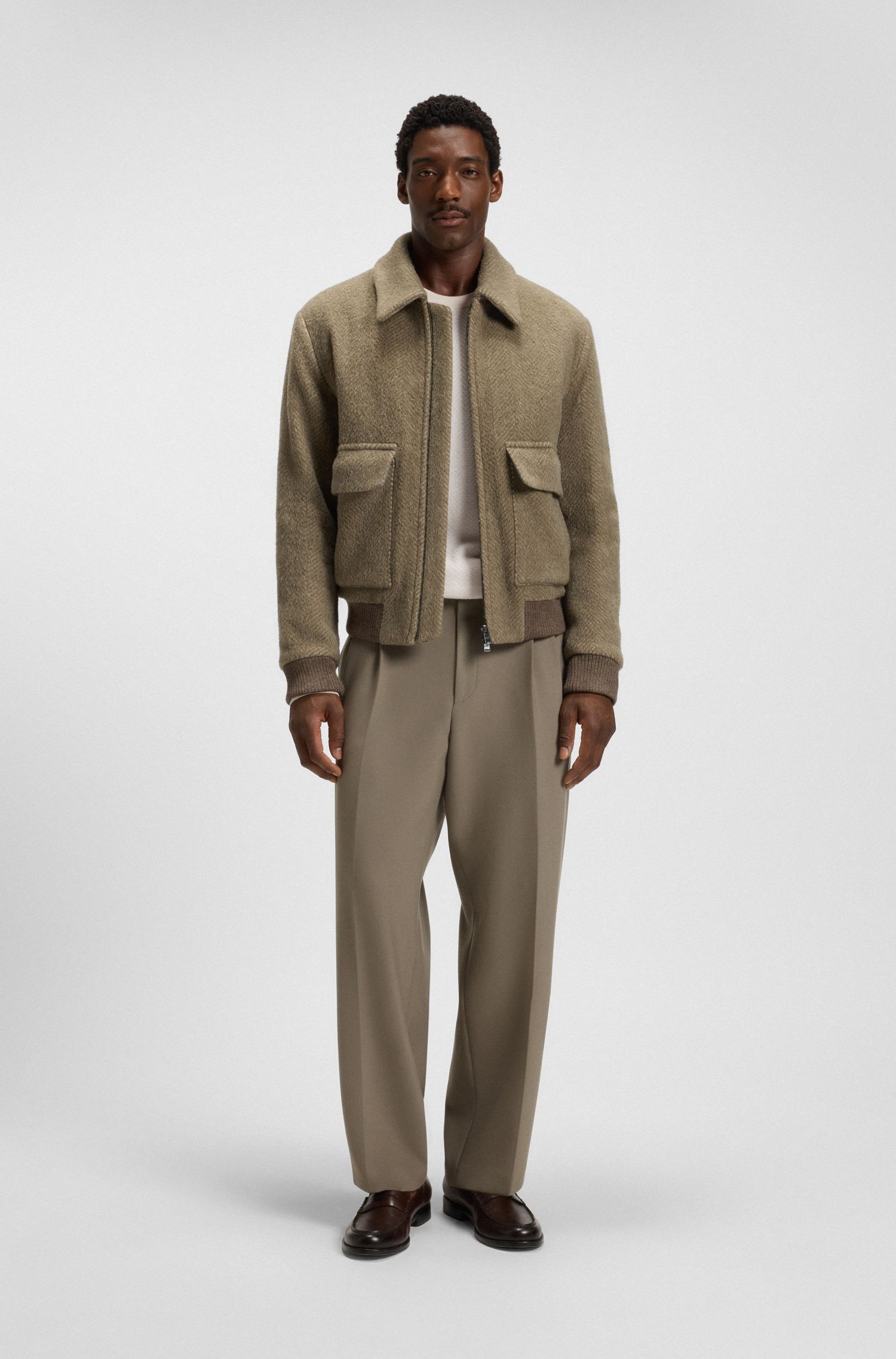 【BOSS博斯】羊毛和棉质混纺人字纹图案毛衣