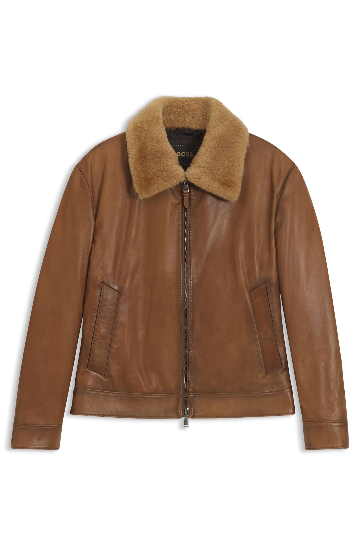 【BOSS博斯】可拆卸毛羊皮衣领夹棉皮革夹克