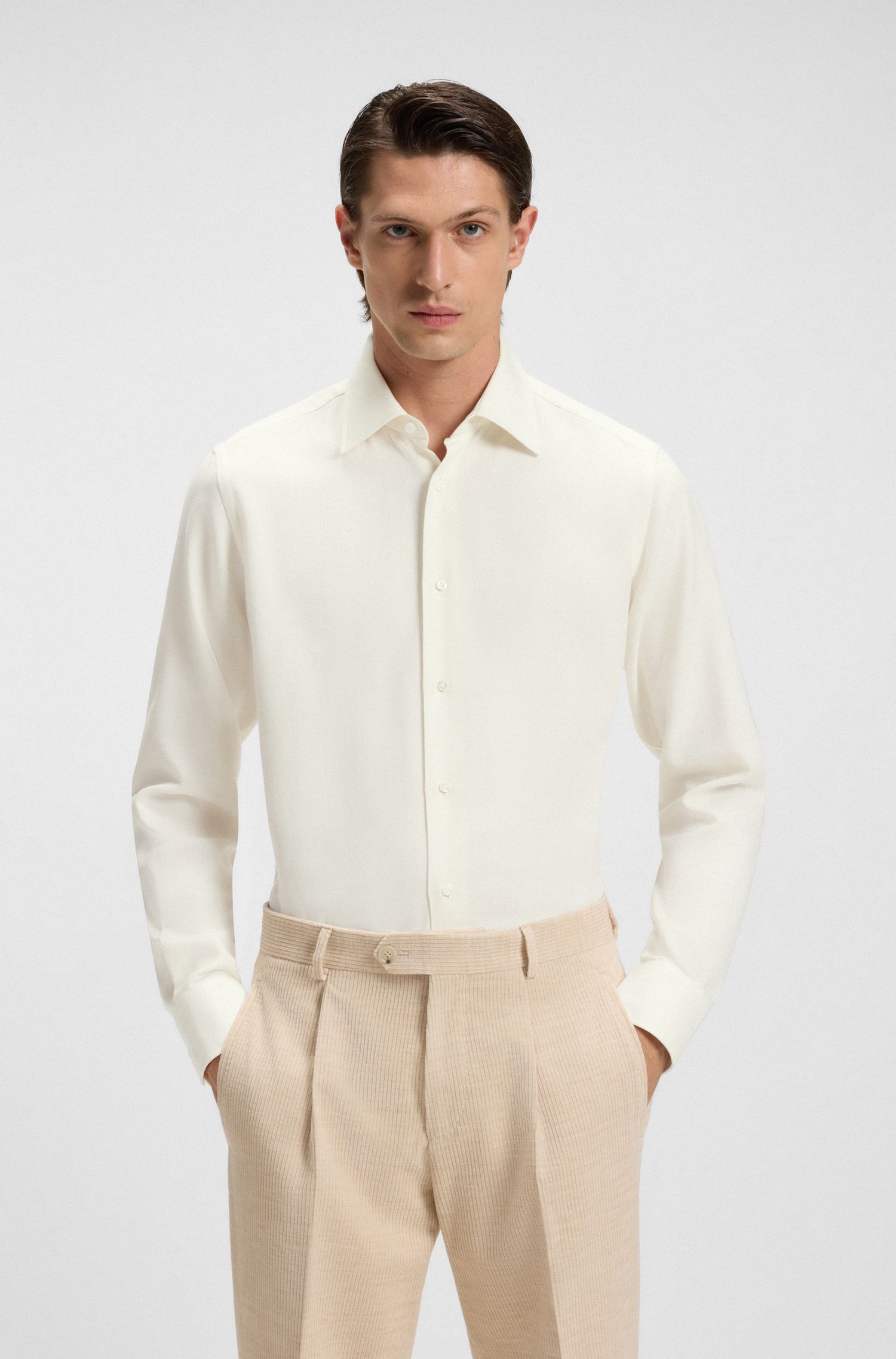 【BOSS博斯】意大利棉质羊绒斜纹布常规版型衬衫