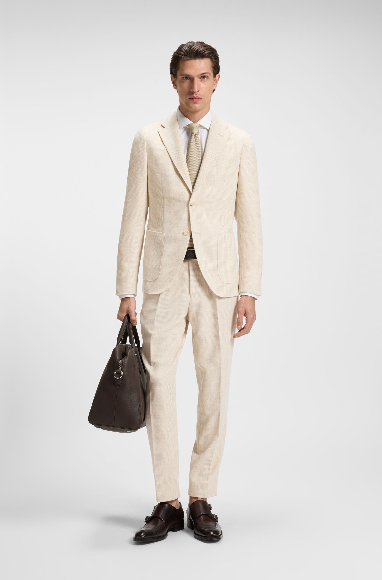 【BOSS博斯】格纹羊驼毛混纺面料修身西装外套