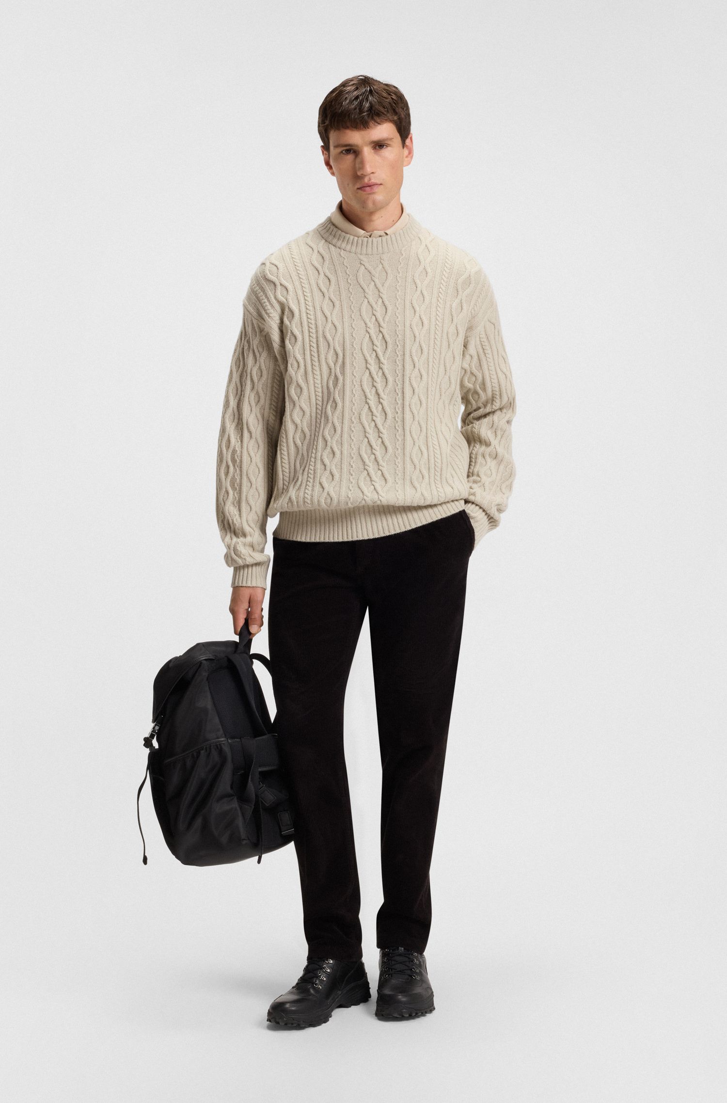 【BOSS博斯】羊毛混纺绞花针织宽松版型毛衣