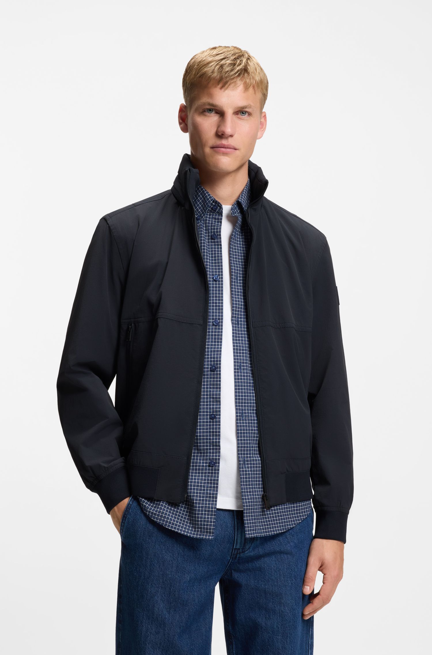 【BOSS博斯】可收纳连帽软壳面料拉链夹克