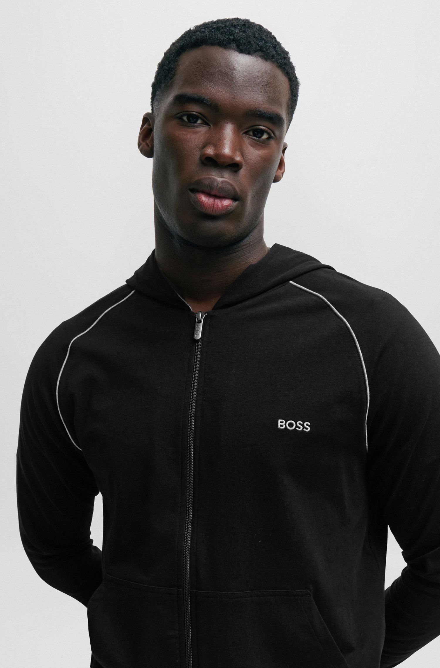 【BOSS博斯】徽标细节装饰弹力棉质拉链连帽衫