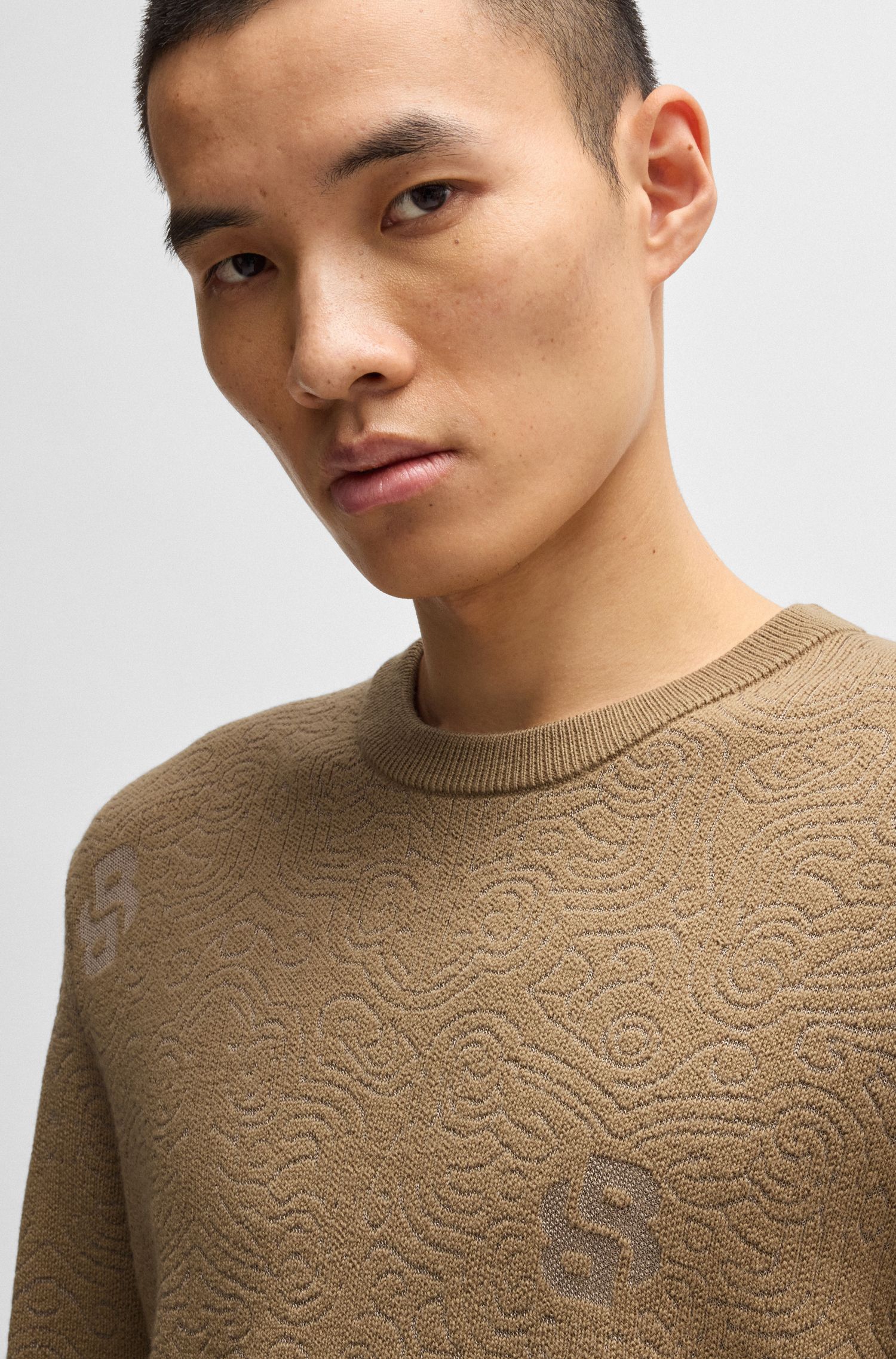 【BOSS博斯】双B花押羊毛混纺毛衣