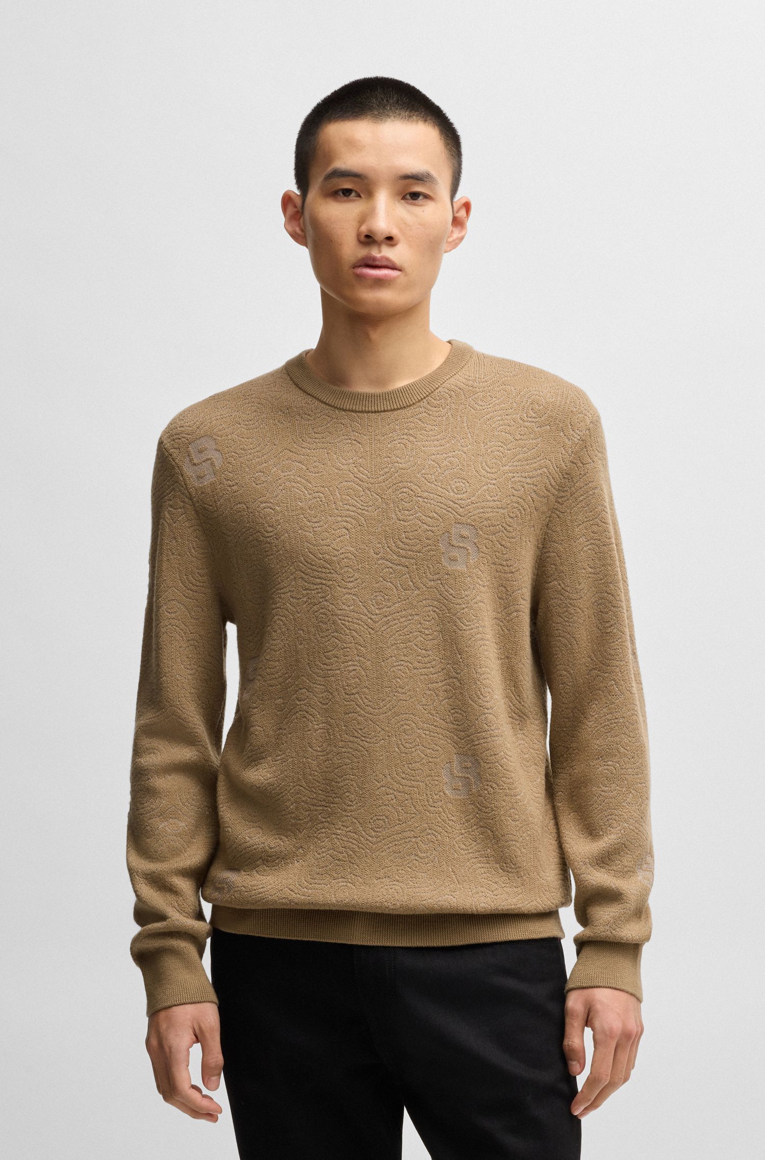 【BOSS博斯】双B花押羊毛混纺毛衣