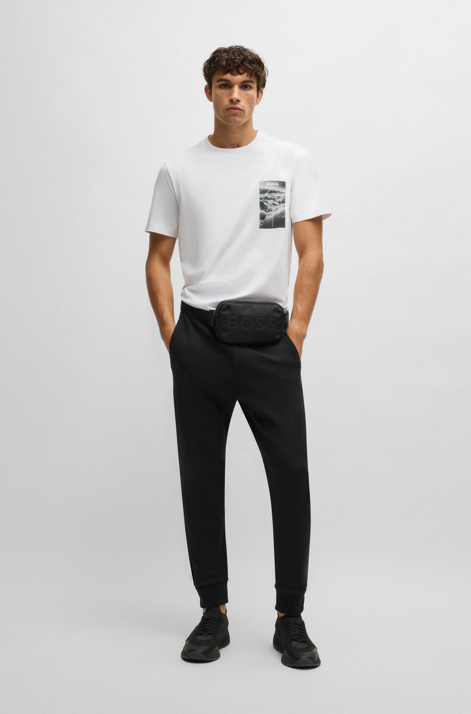 【BOSS博斯】带饰带和徽标点缀棉质混纺运动裤