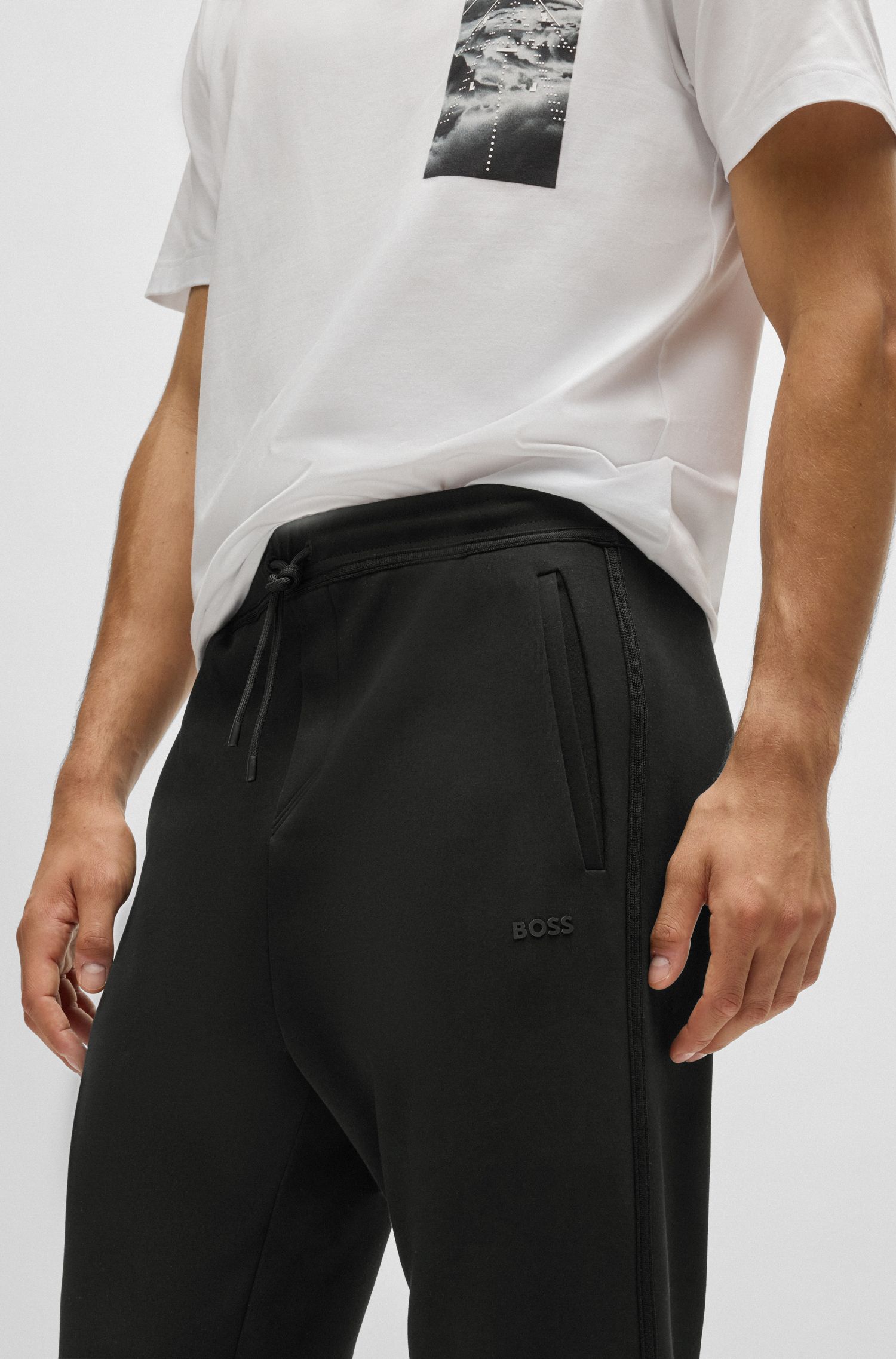 【BOSS博斯】带饰带和徽标点缀棉质混纺运动裤