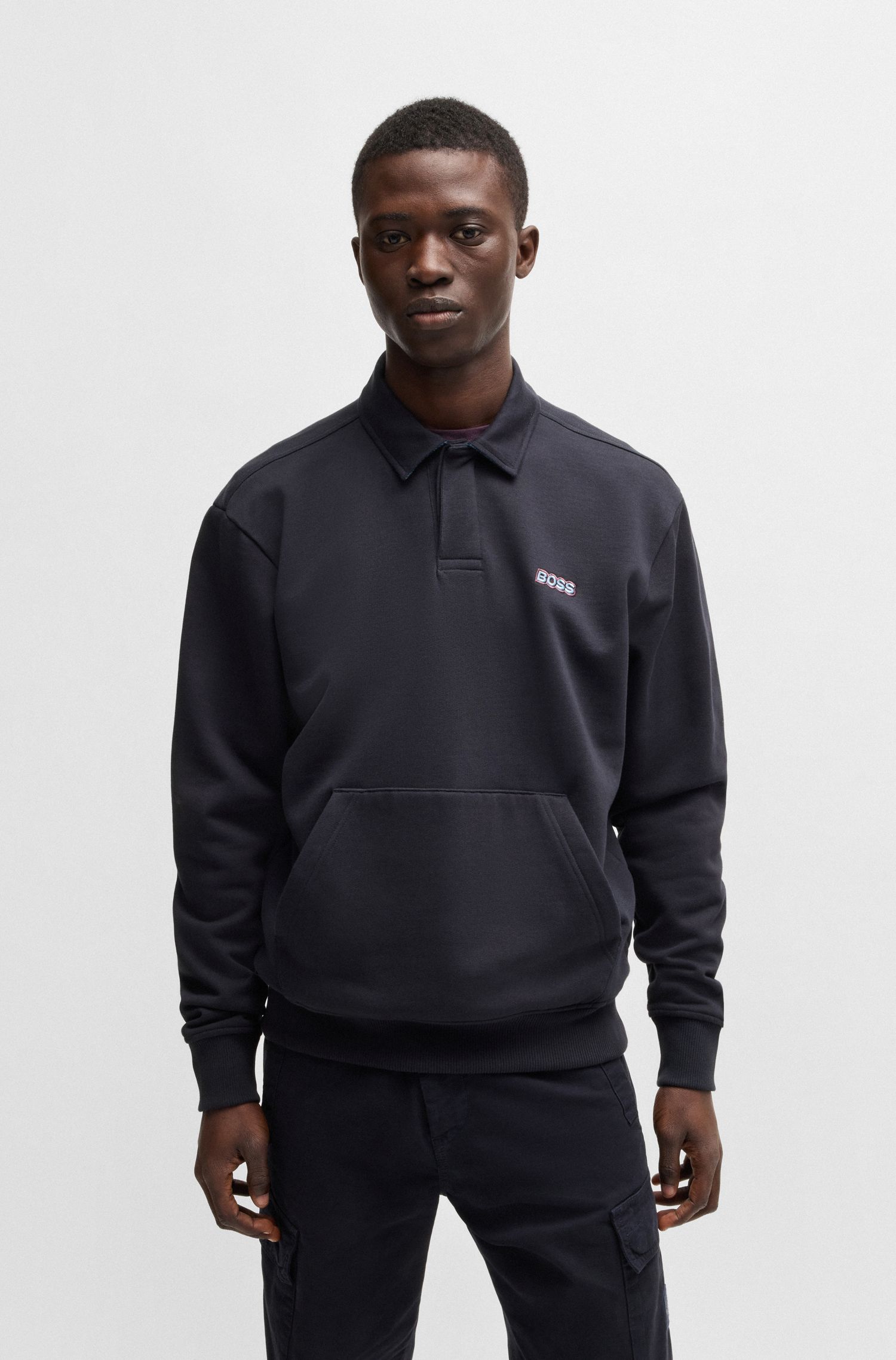 【BOSS博斯】徽标细节装饰棉质抓绒 Polo 领运动衫