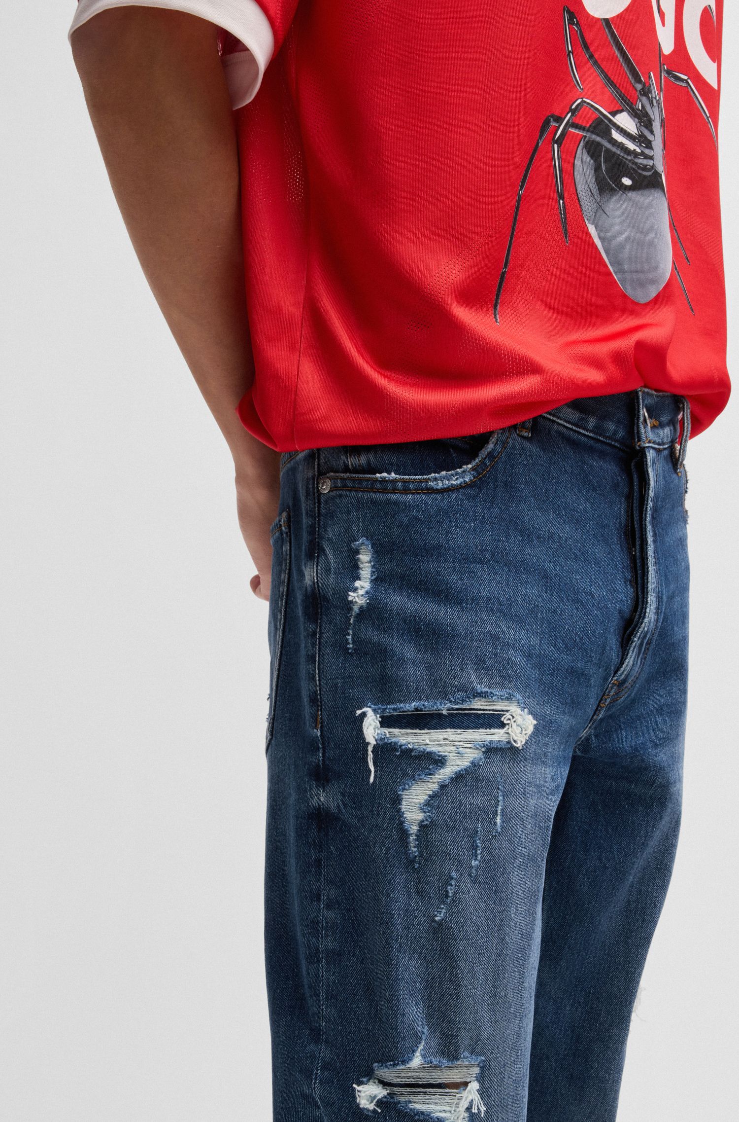 【HUGO雨果】做旧款深蓝色锥形牛仔裤