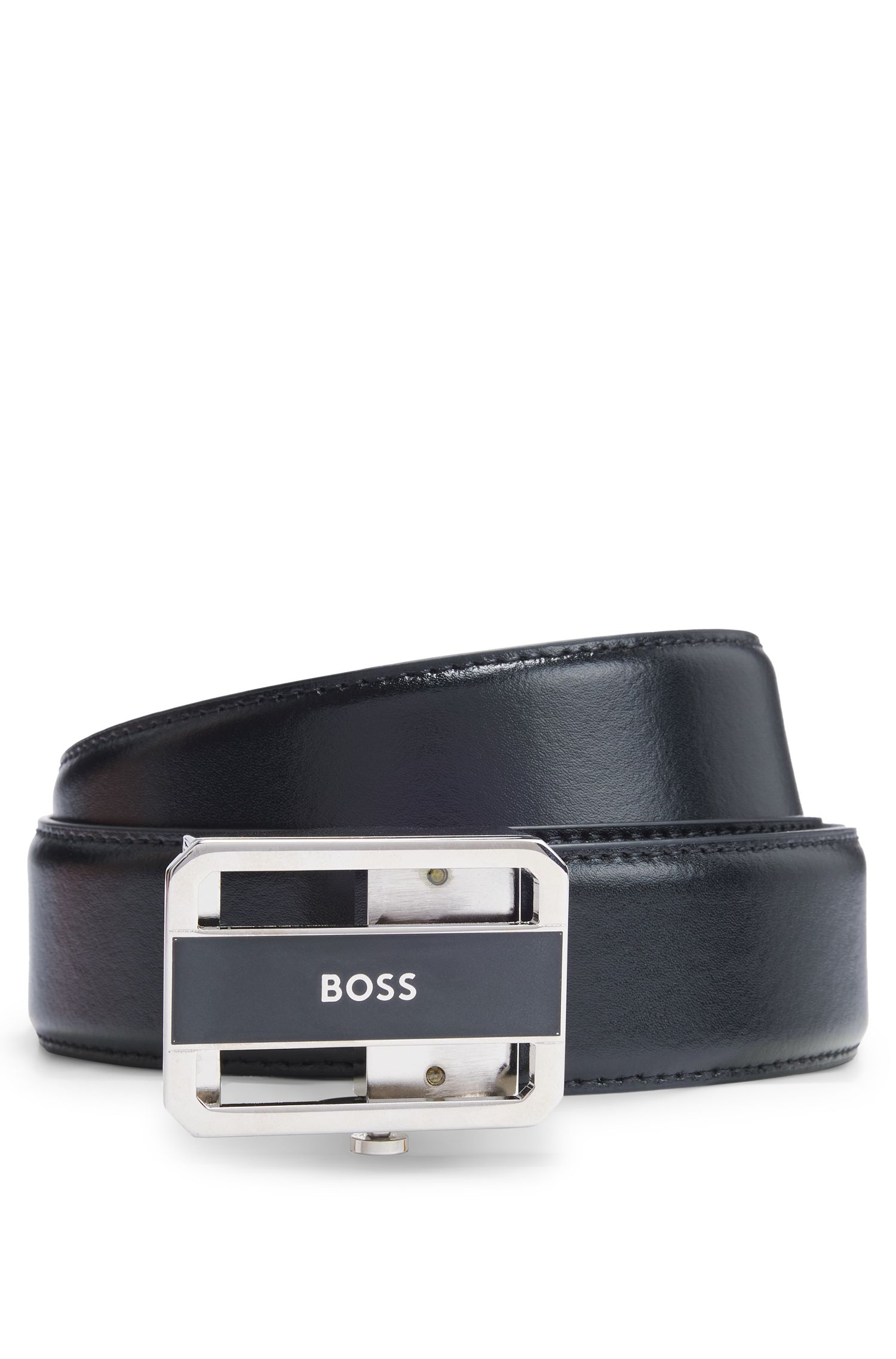 【BOSS博斯】抛光银色搭扣意大利皮革腰带