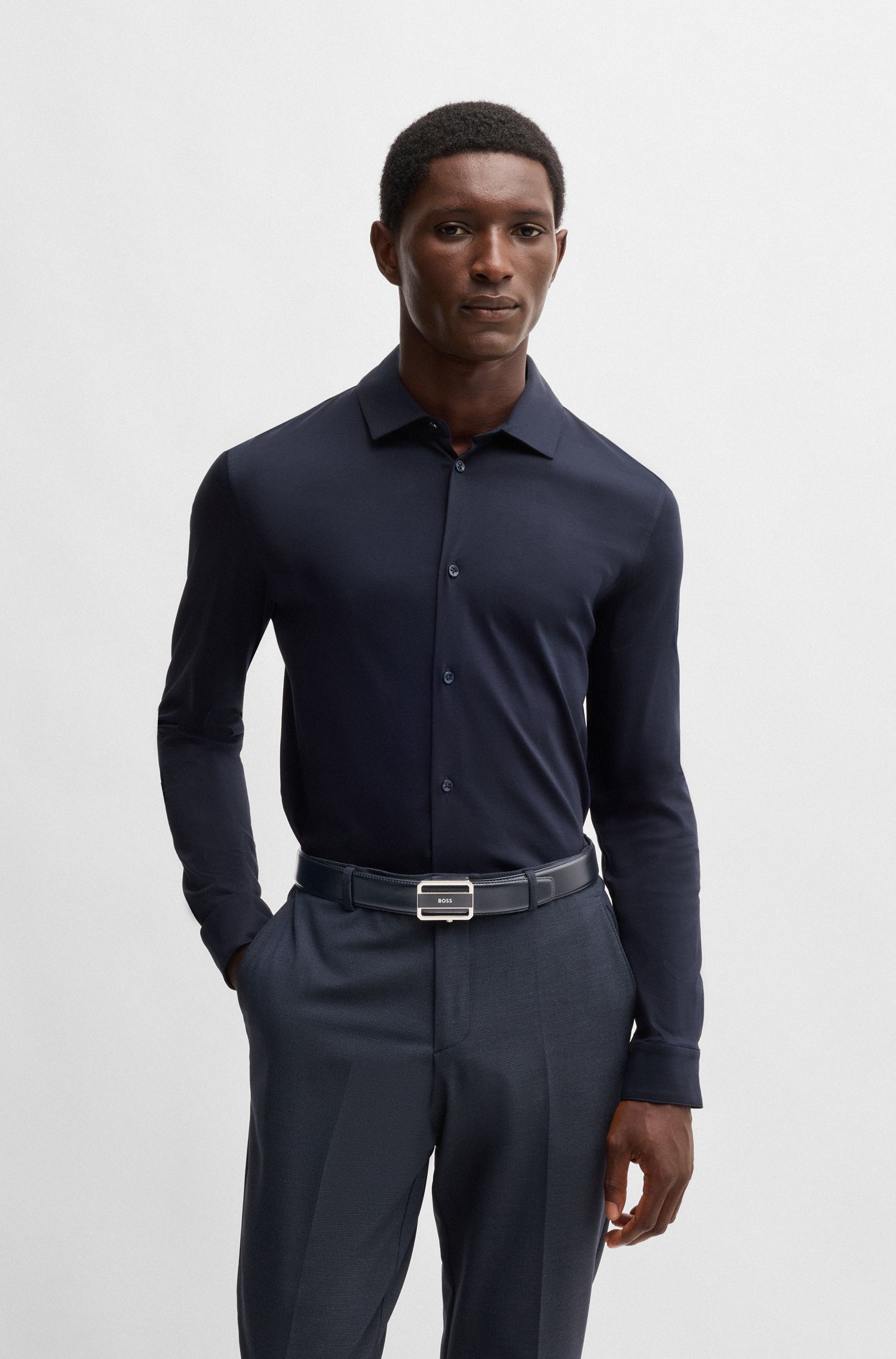 【BOSS博斯】抛光银色搭扣意大利皮革腰带