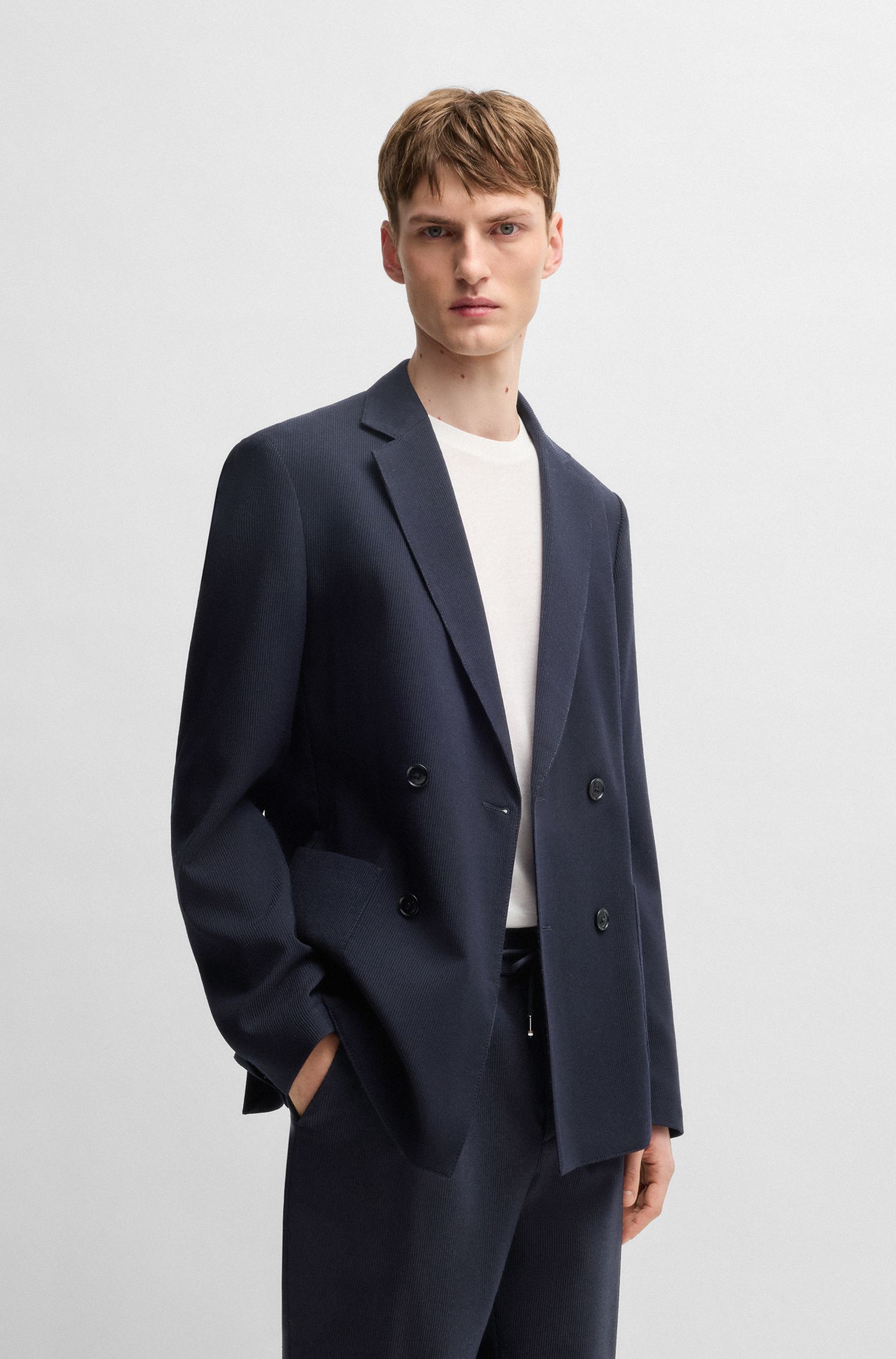 【BOSS博斯】微型图案羊毛混纺修身西装套装