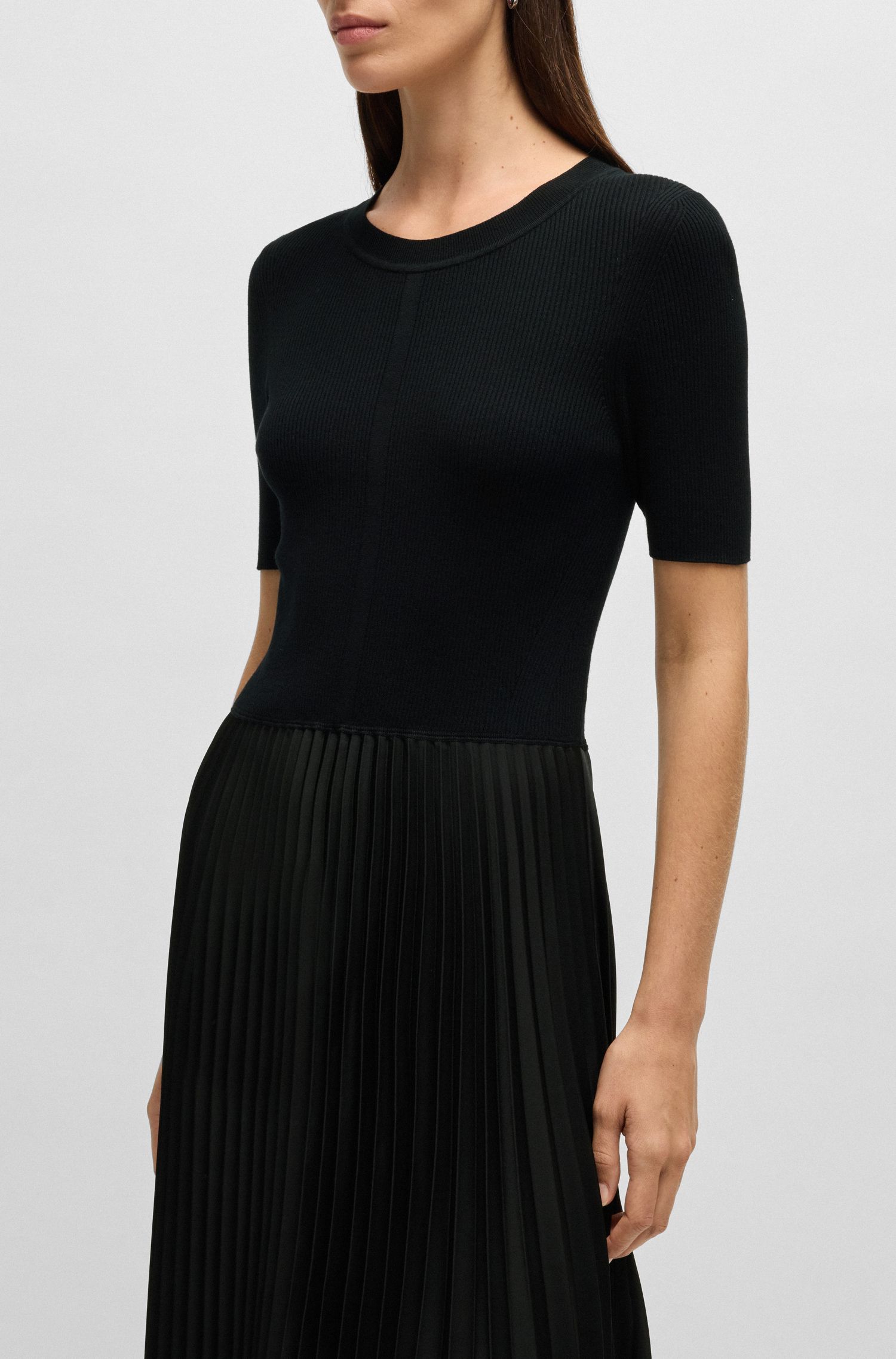 【BOSS博斯】打褶裙摆混合材质连衣裙