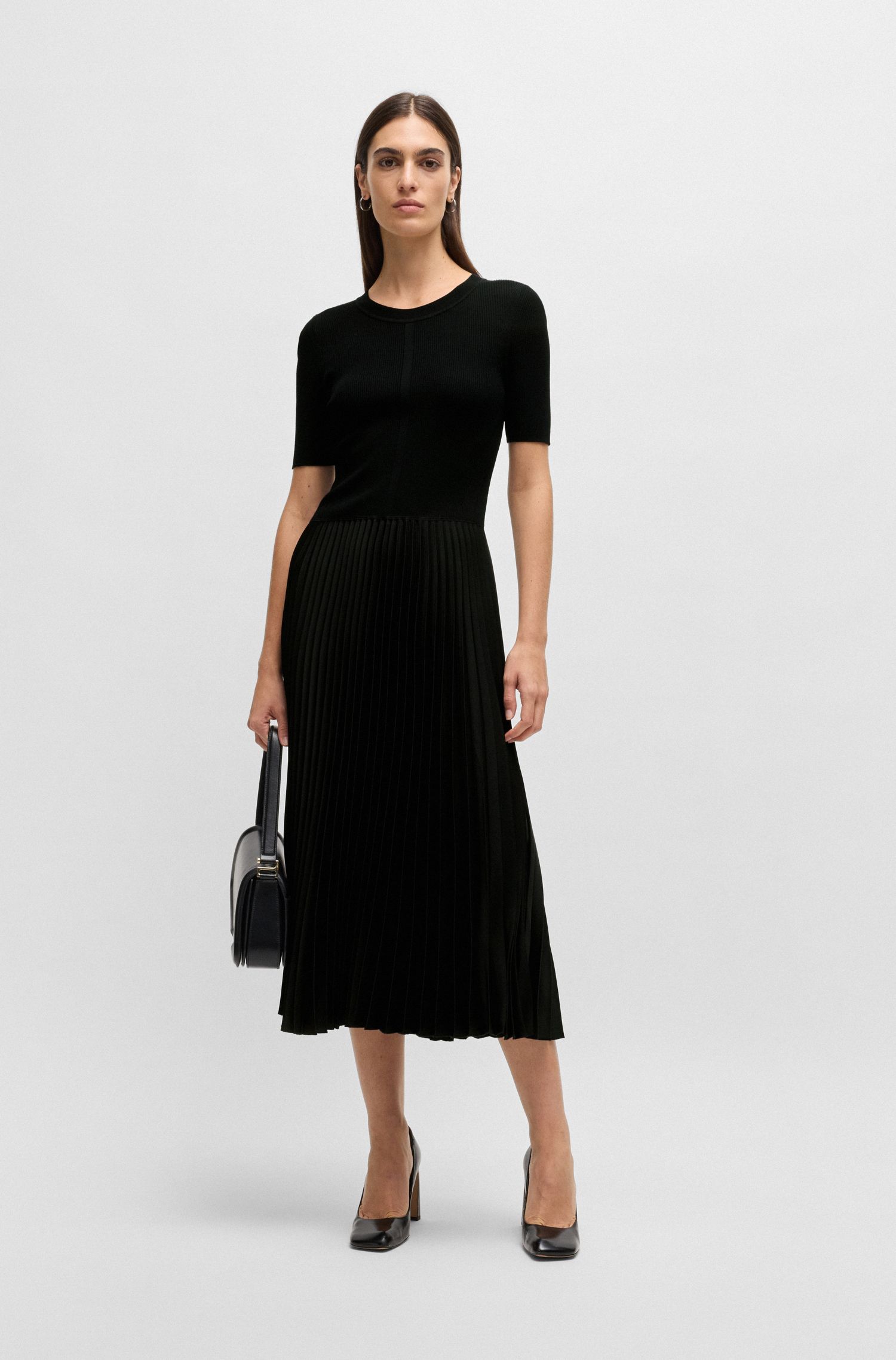 【BOSS博斯】打褶裙摆混合材质连衣裙