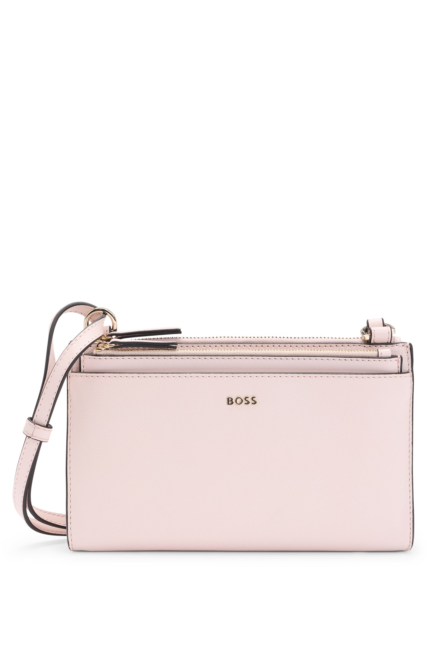 【BOSS博斯】金色徽标荔枝纹皮革斜挎包