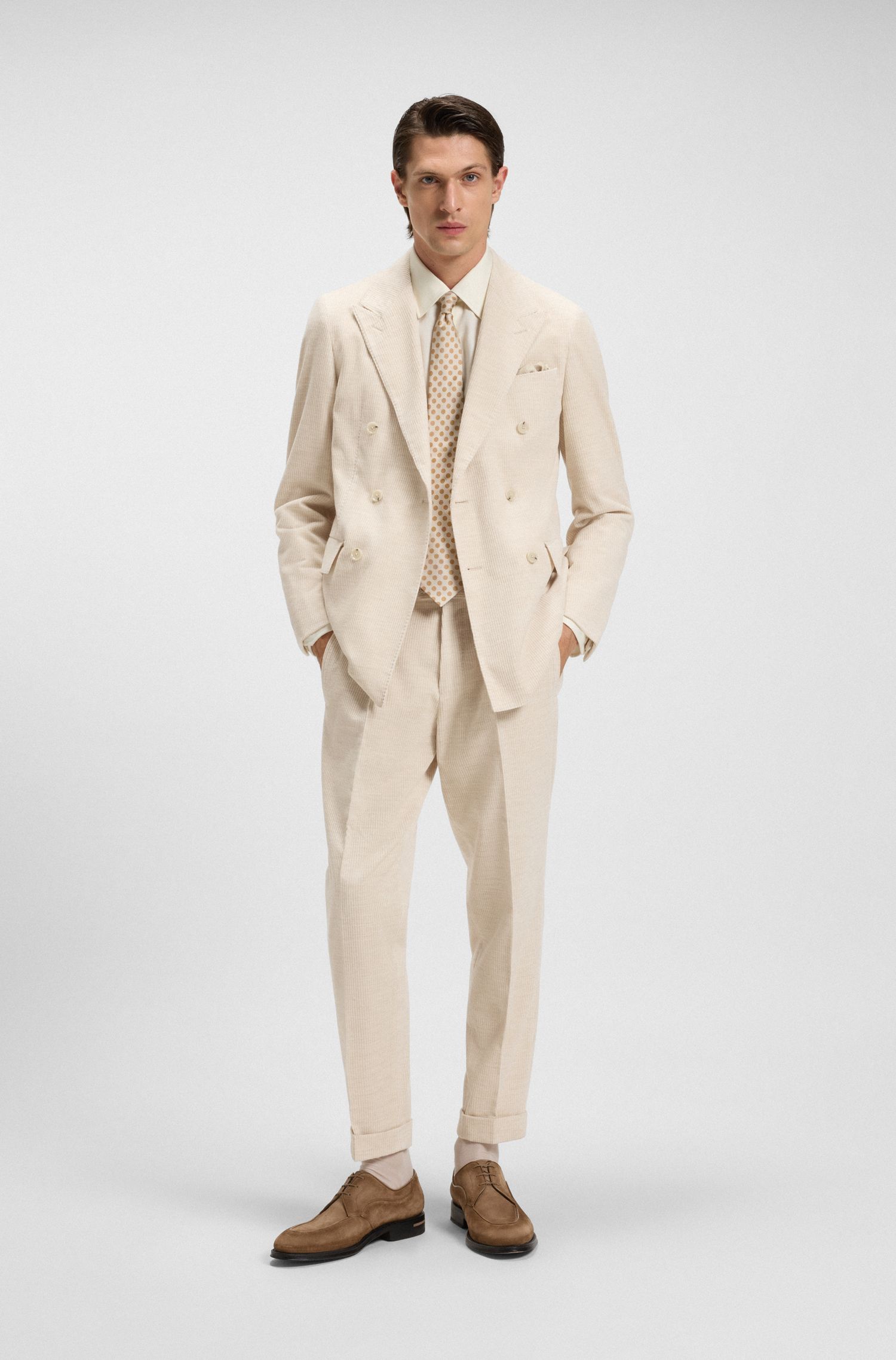 【BOSS博斯】羊驼毛棉质混纺灯芯绒宽松版型长裤