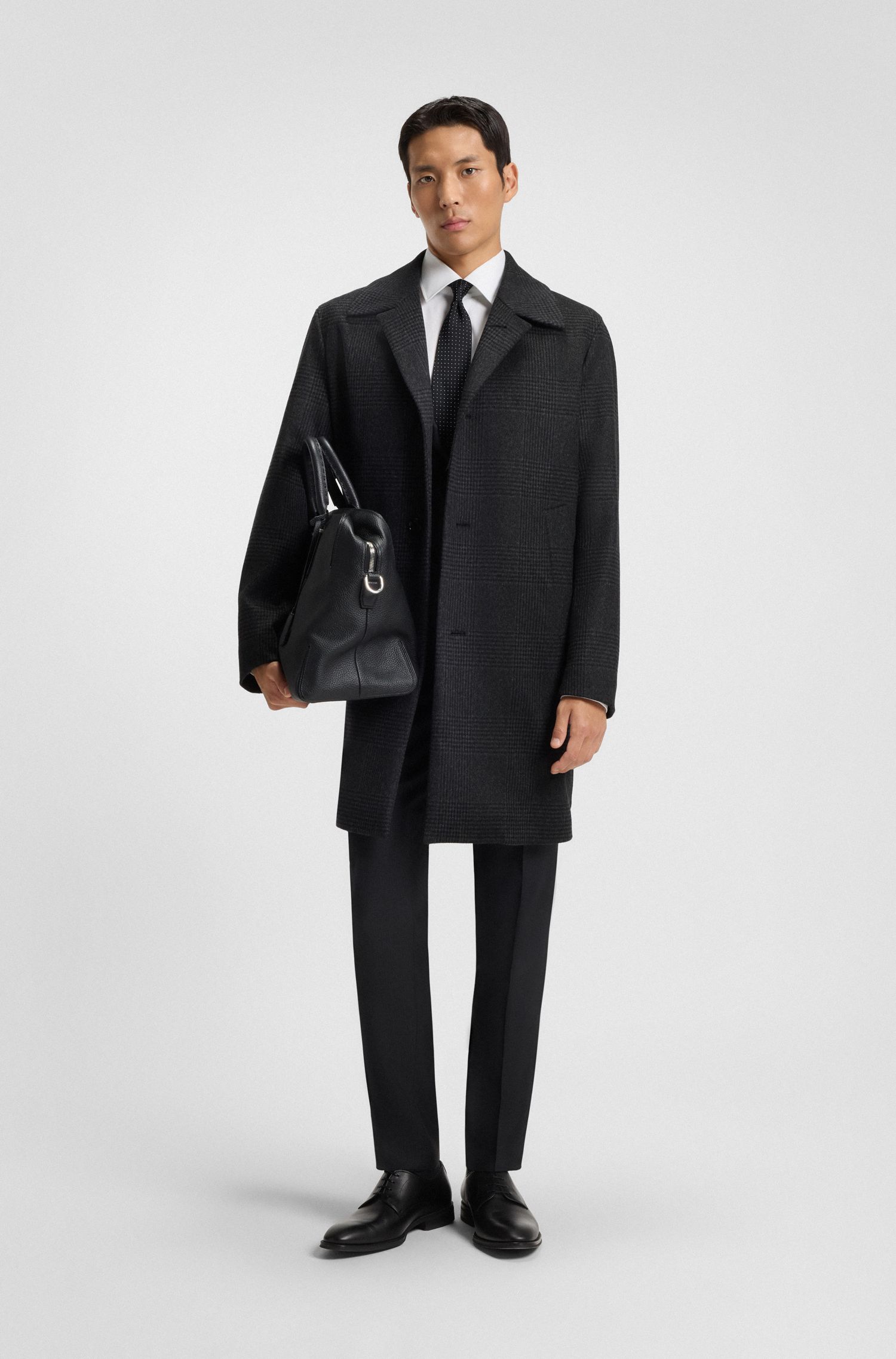 【BOSS博斯】格纹羊毛和羊绒宽松版型外套