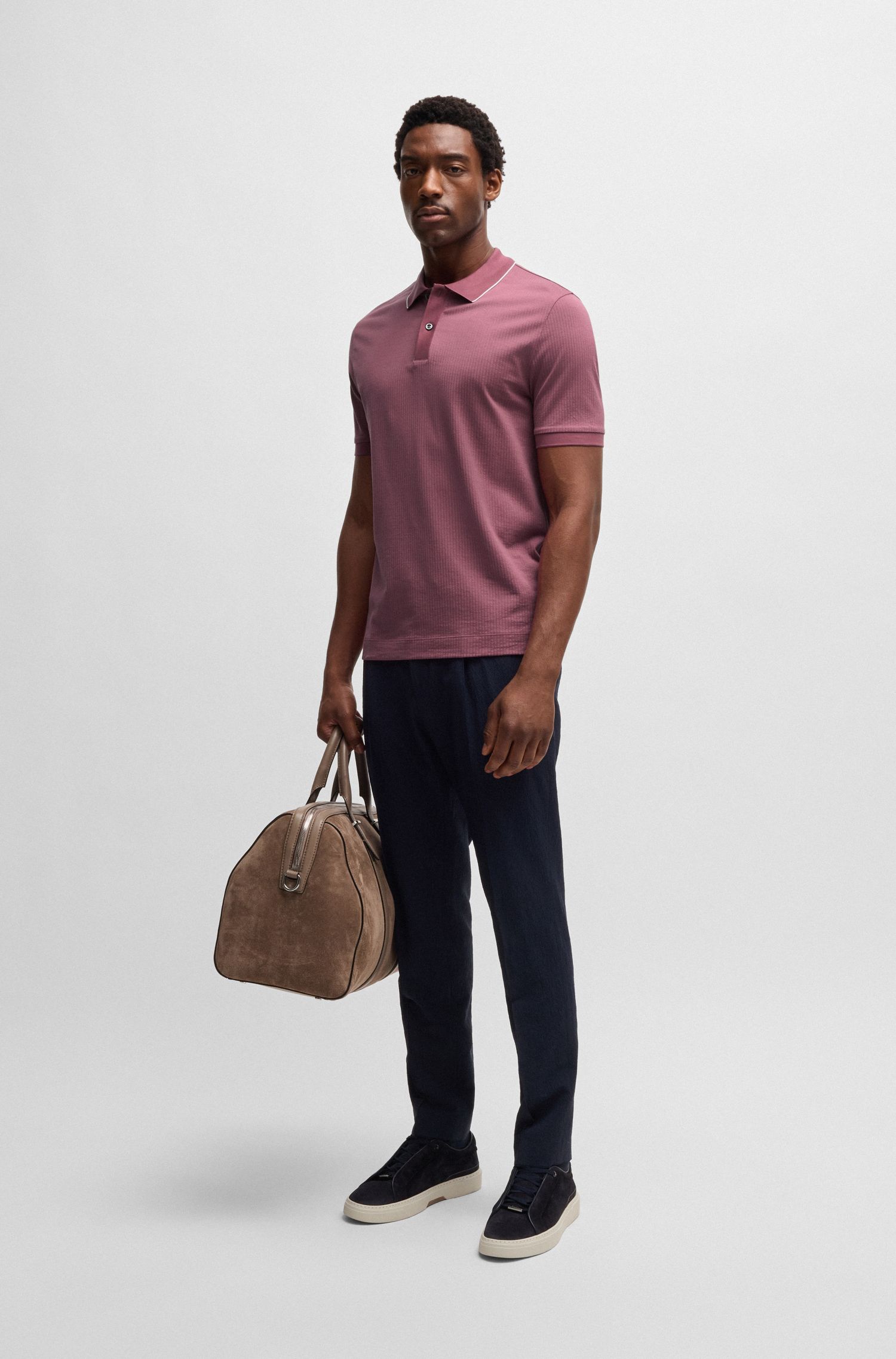 【BOSS博斯】条纹结构棉和真丝混纺 Polo 衫