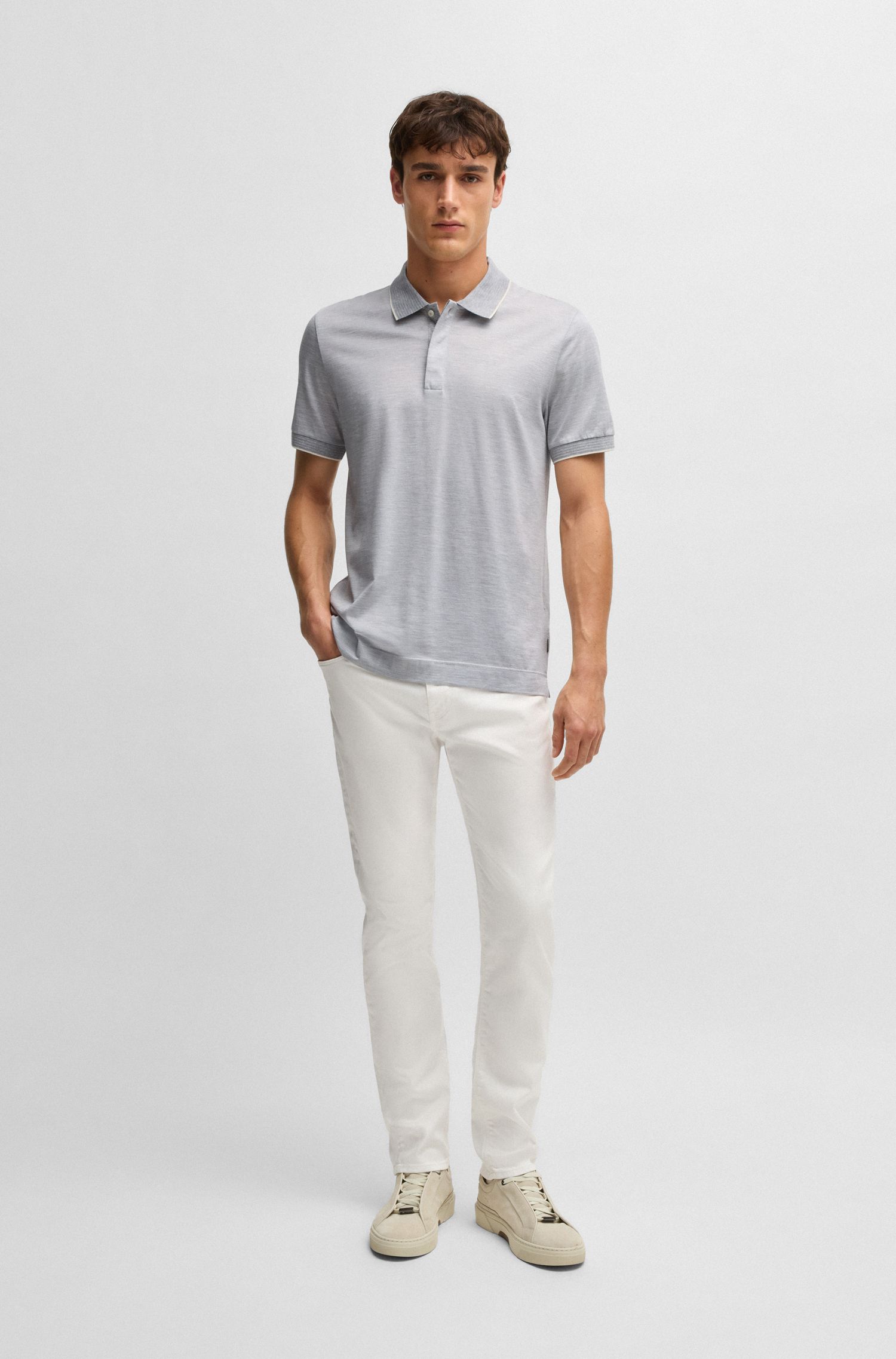 【BOSS博斯】立体饰边棉和真丝混纺 Polo 衫