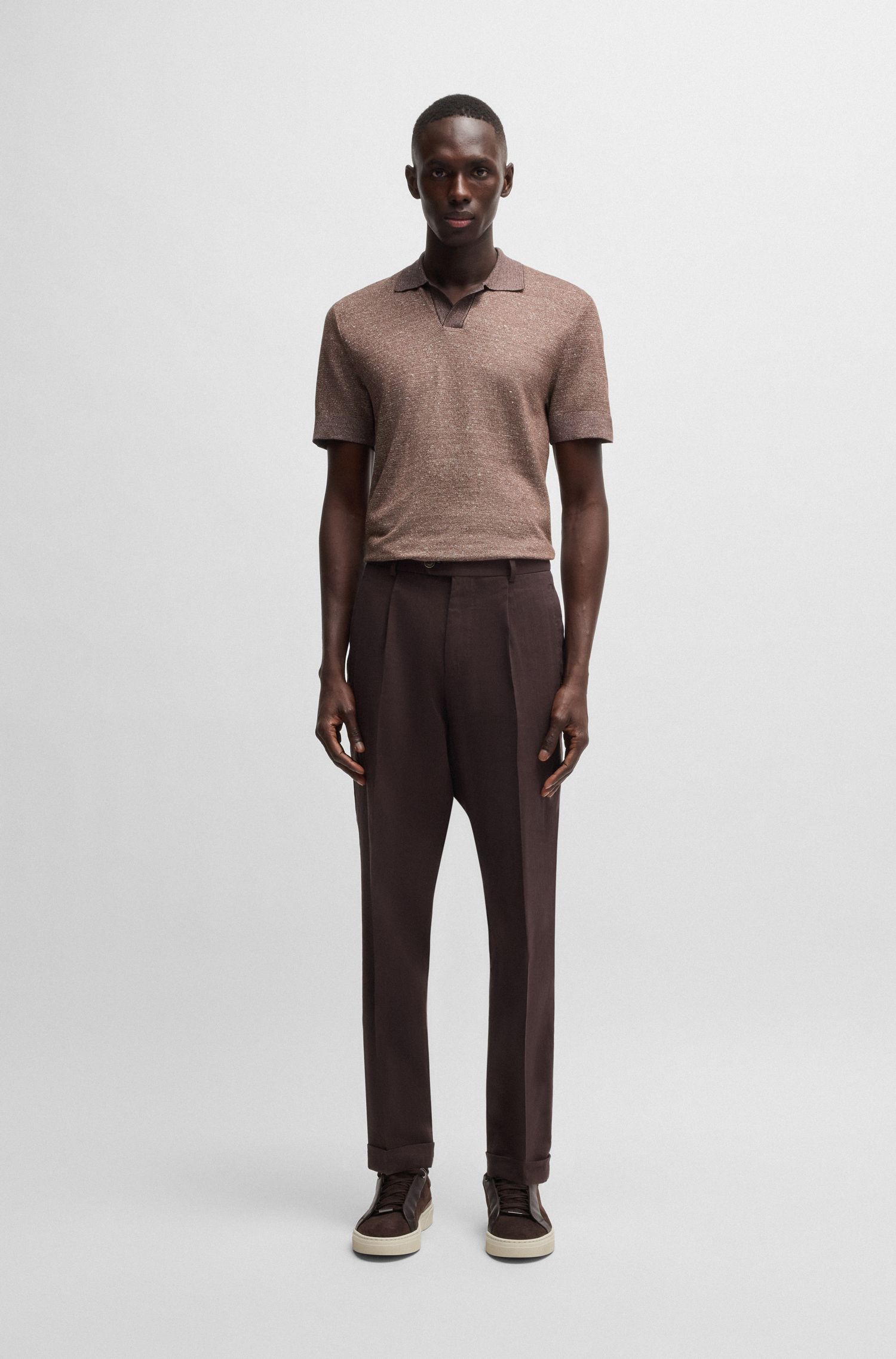 【BOSS博斯】棉麻蚕丝混纺小立领 Polo 衫