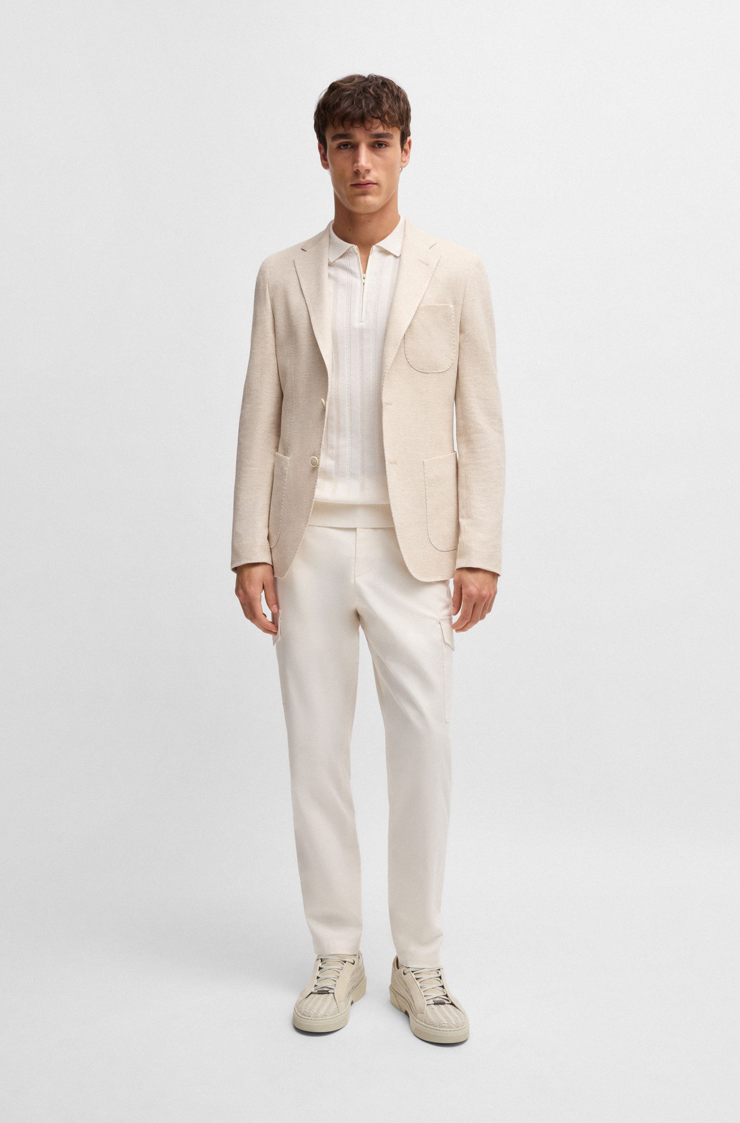 【BOSS博斯】正面缆绳花样棉和真丝针织 Polo 衫