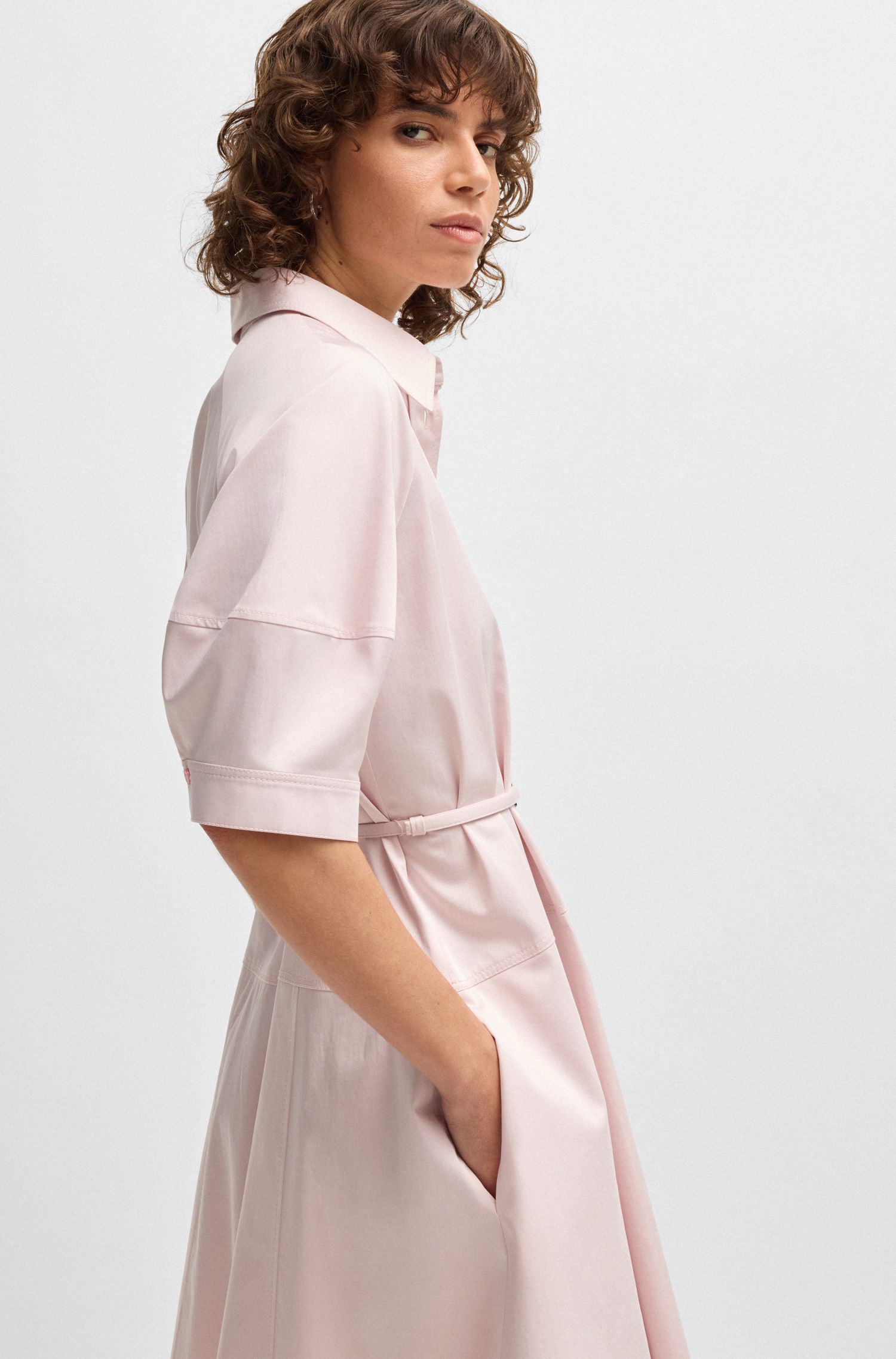 【BOSS博斯】半门襟弹力棉衬衫式连衣裙