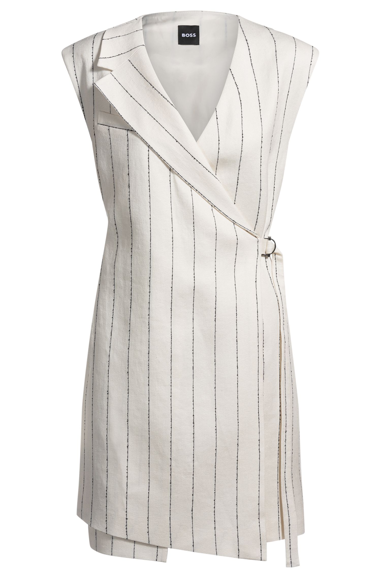 【BOSS博斯】细条纹亚麻混纺前裹身连衣裙