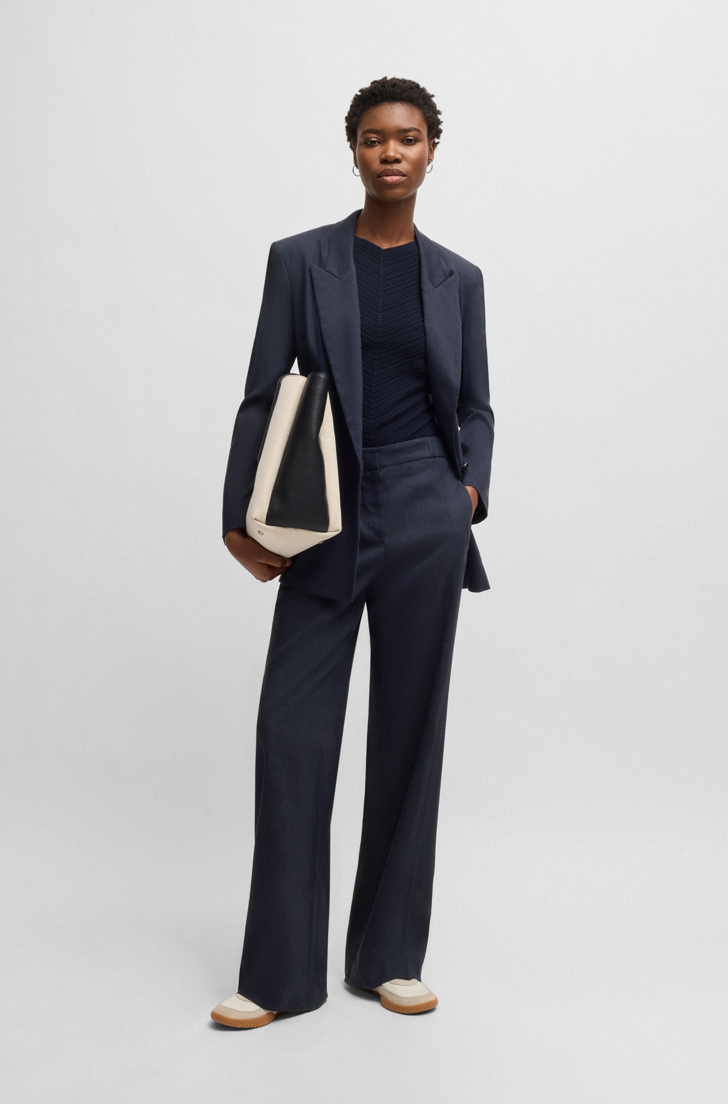 【BOSS博斯】亚麻混纺宽松版型阔腿长裤