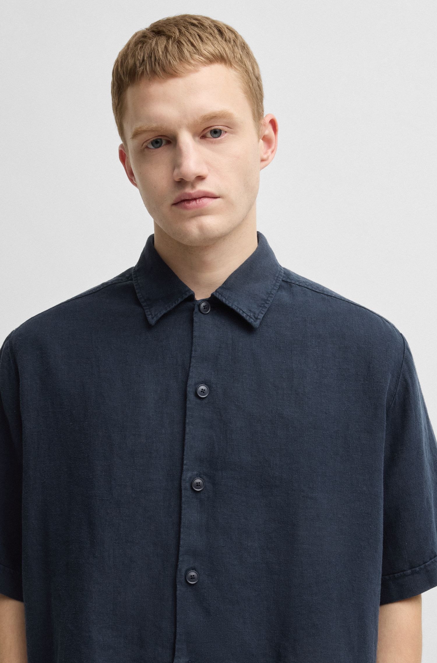 【BOSS博斯】同色系缝线宽松版型亚麻衬衫