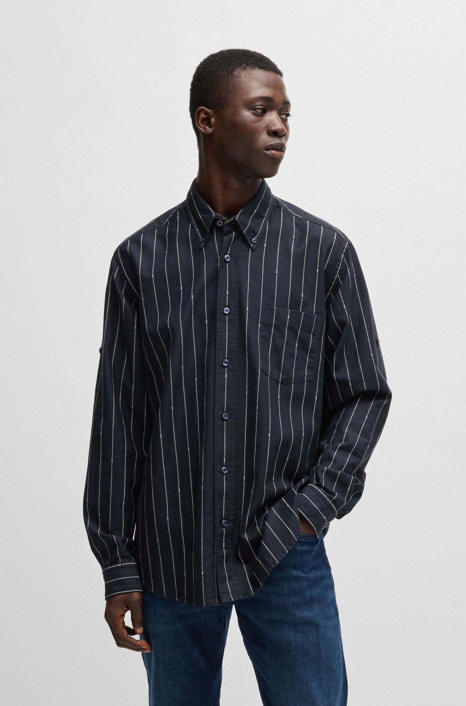 【BOSS博斯】条纹棉和亚麻宽松版型衬衫