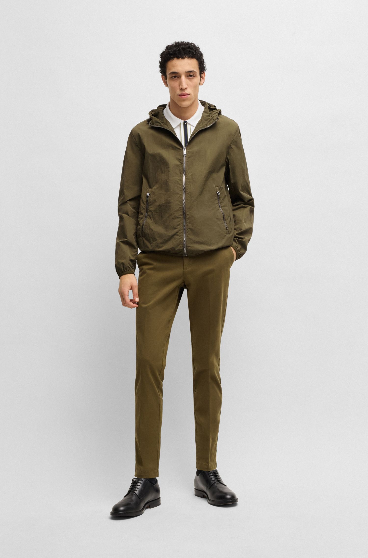 【BOSS博斯】配可调节风帽皱褶面料夹克