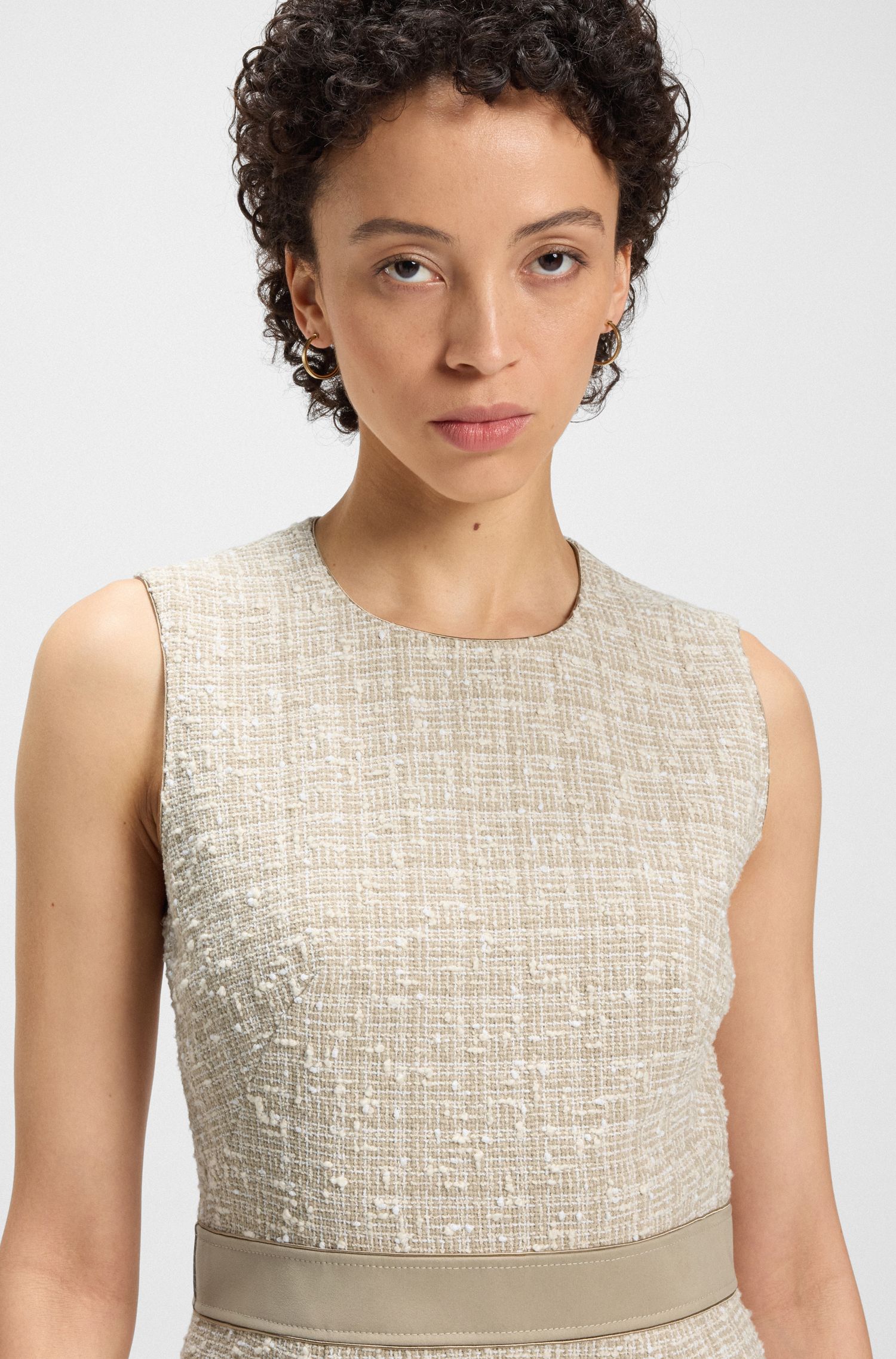 【BOSS博斯】撞色腰带棉质混纺粗花呢连衣裙