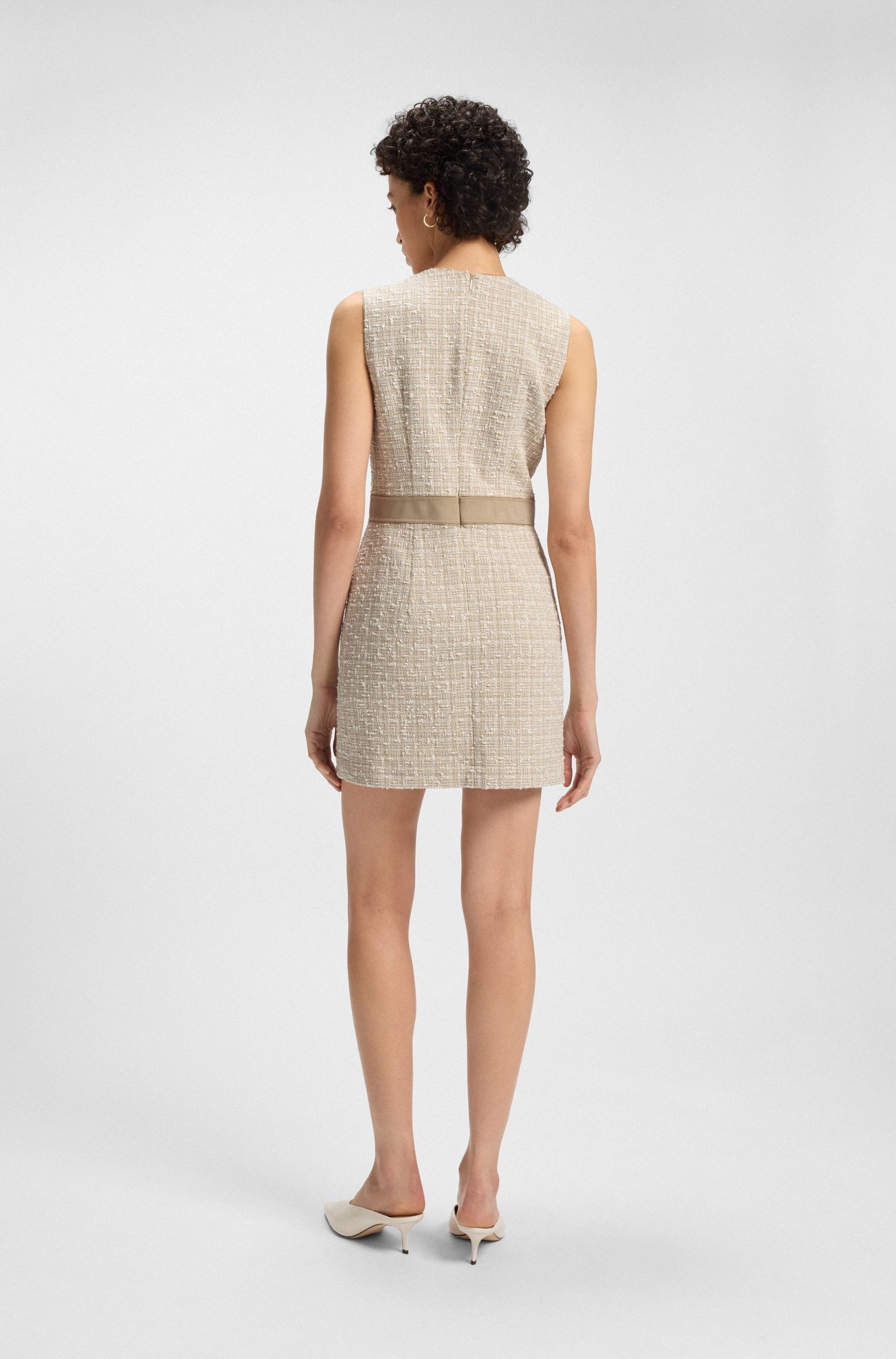 【BOSS博斯】撞色腰带棉质混纺粗花呢连衣裙