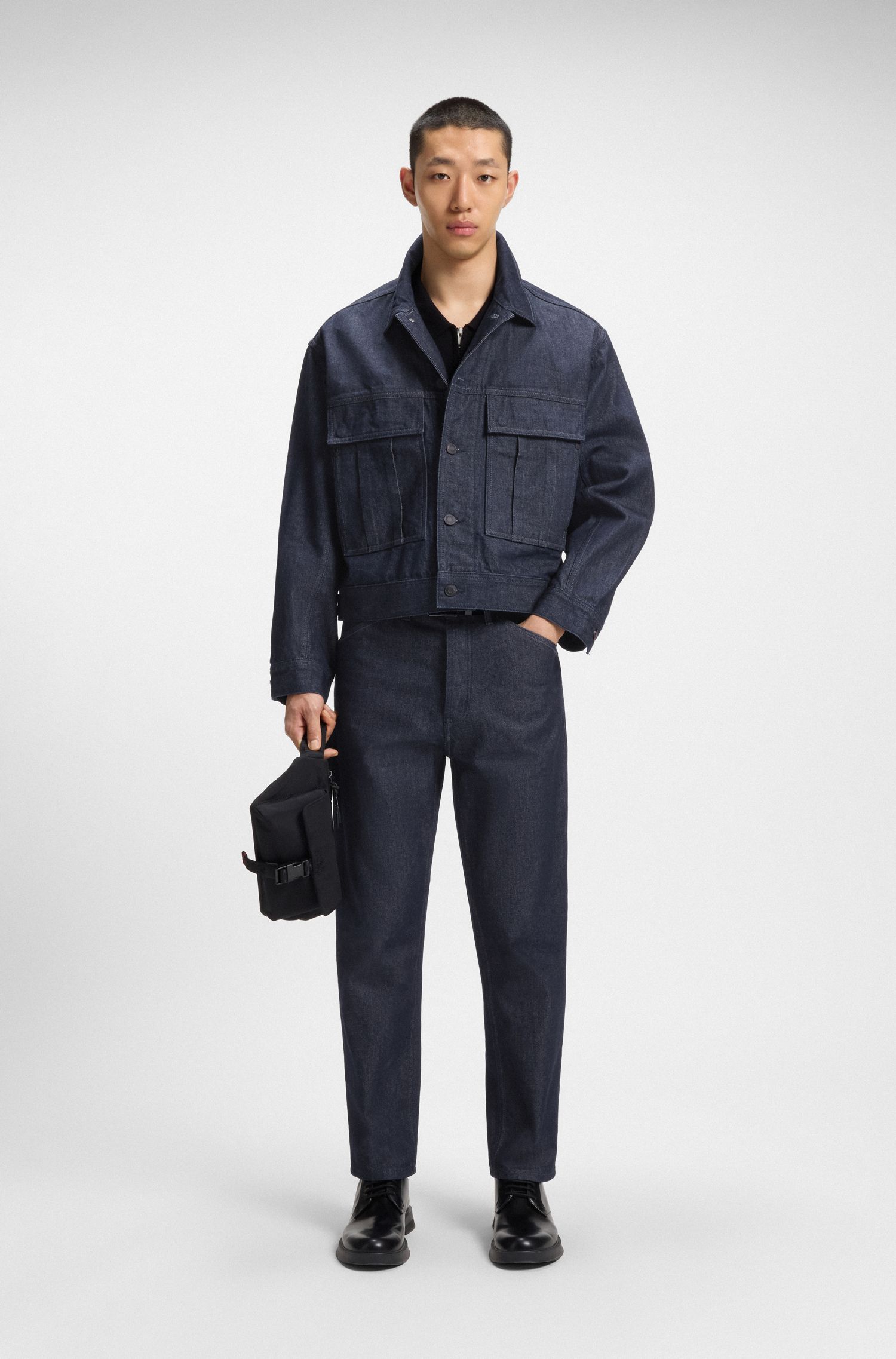 【HUGO雨果】深蓝色日式牛仔布宽松牛仔裤