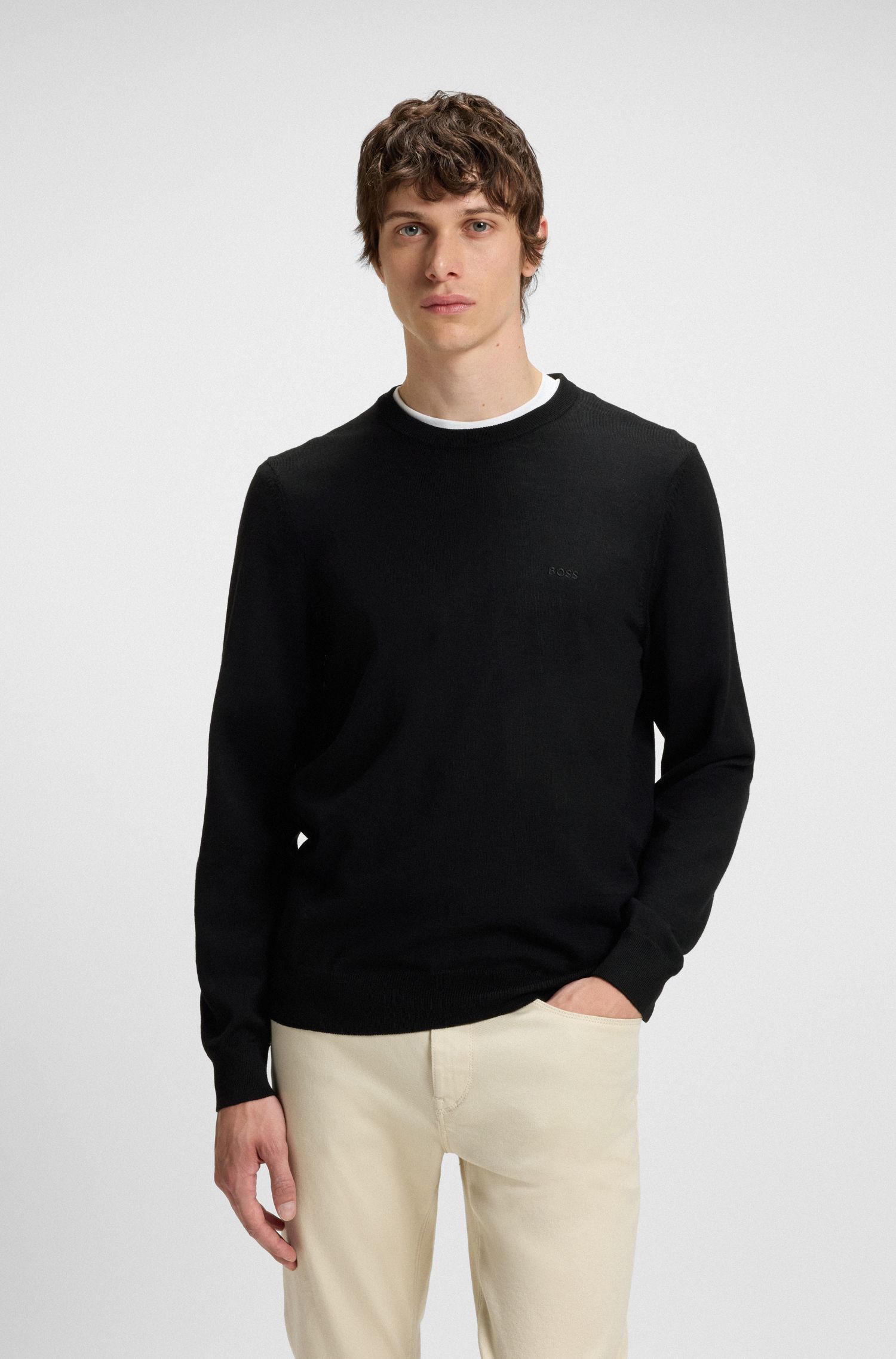 【BOSS博斯】刺绣徽标纯羊毛圆领毛衣