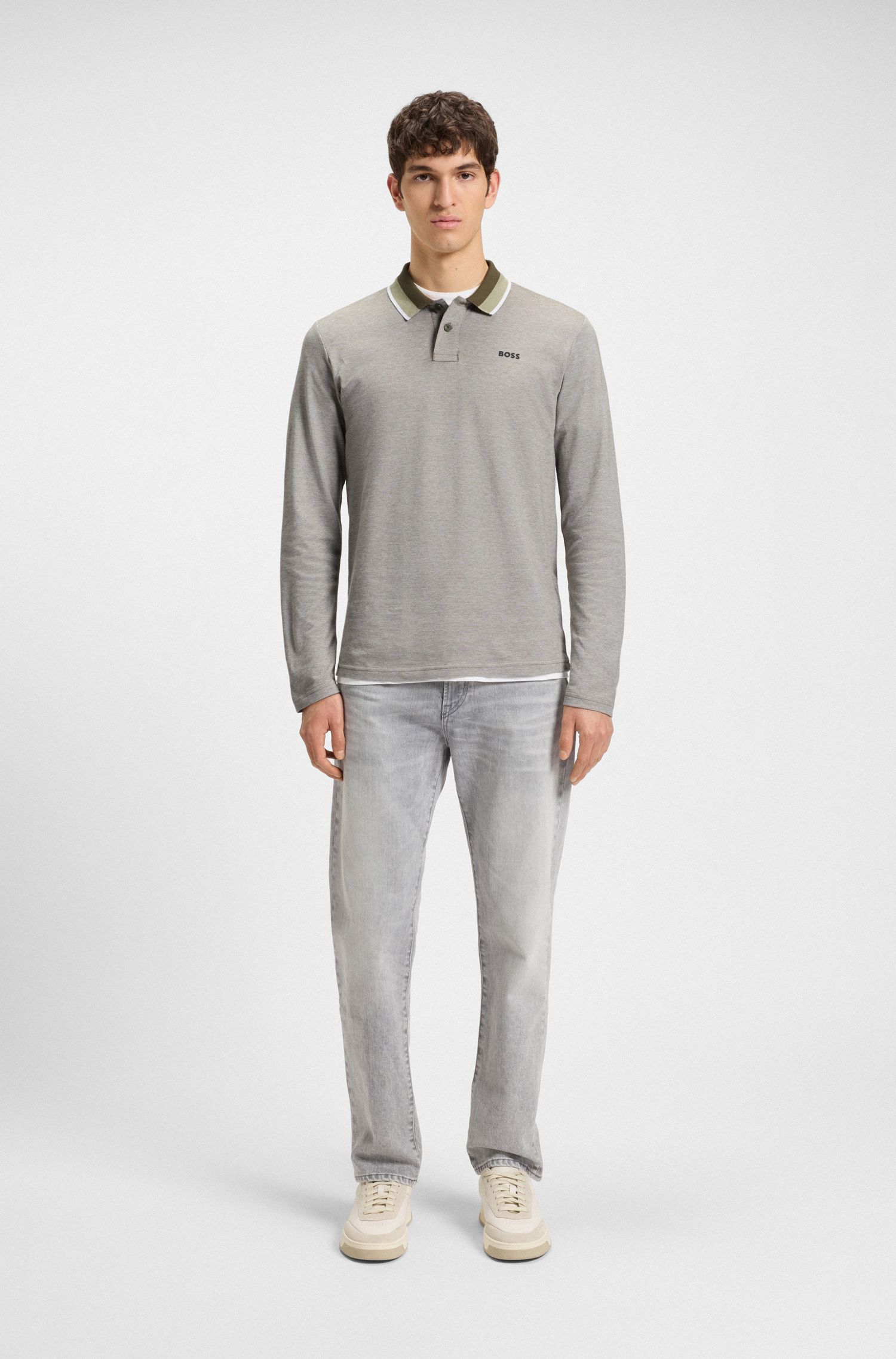 【BOSS博斯】条纹衣领棉质珠地布 Polo 衫