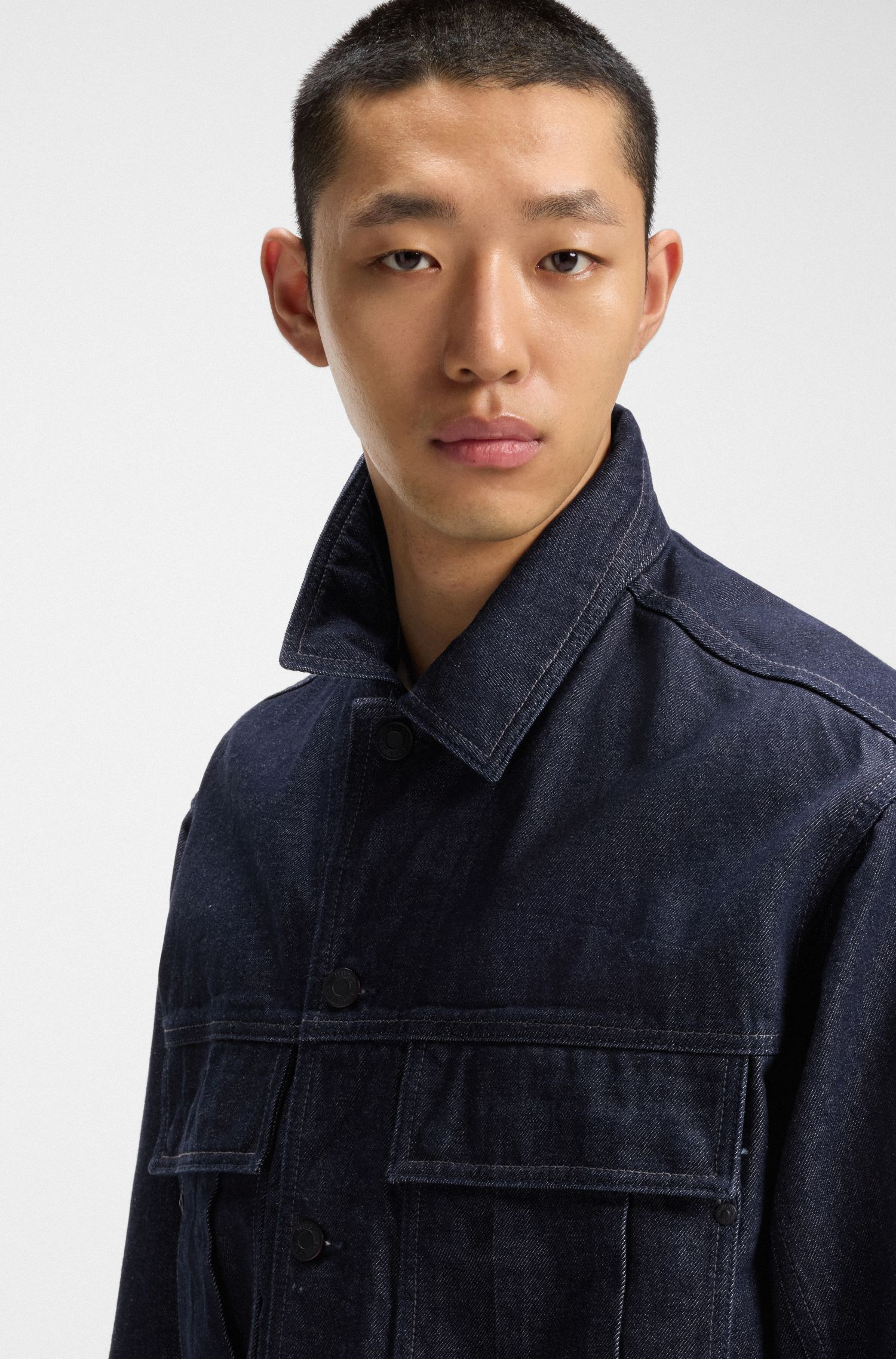 【HUGO雨果】深蓝色日式牛仔布宽松版夹克