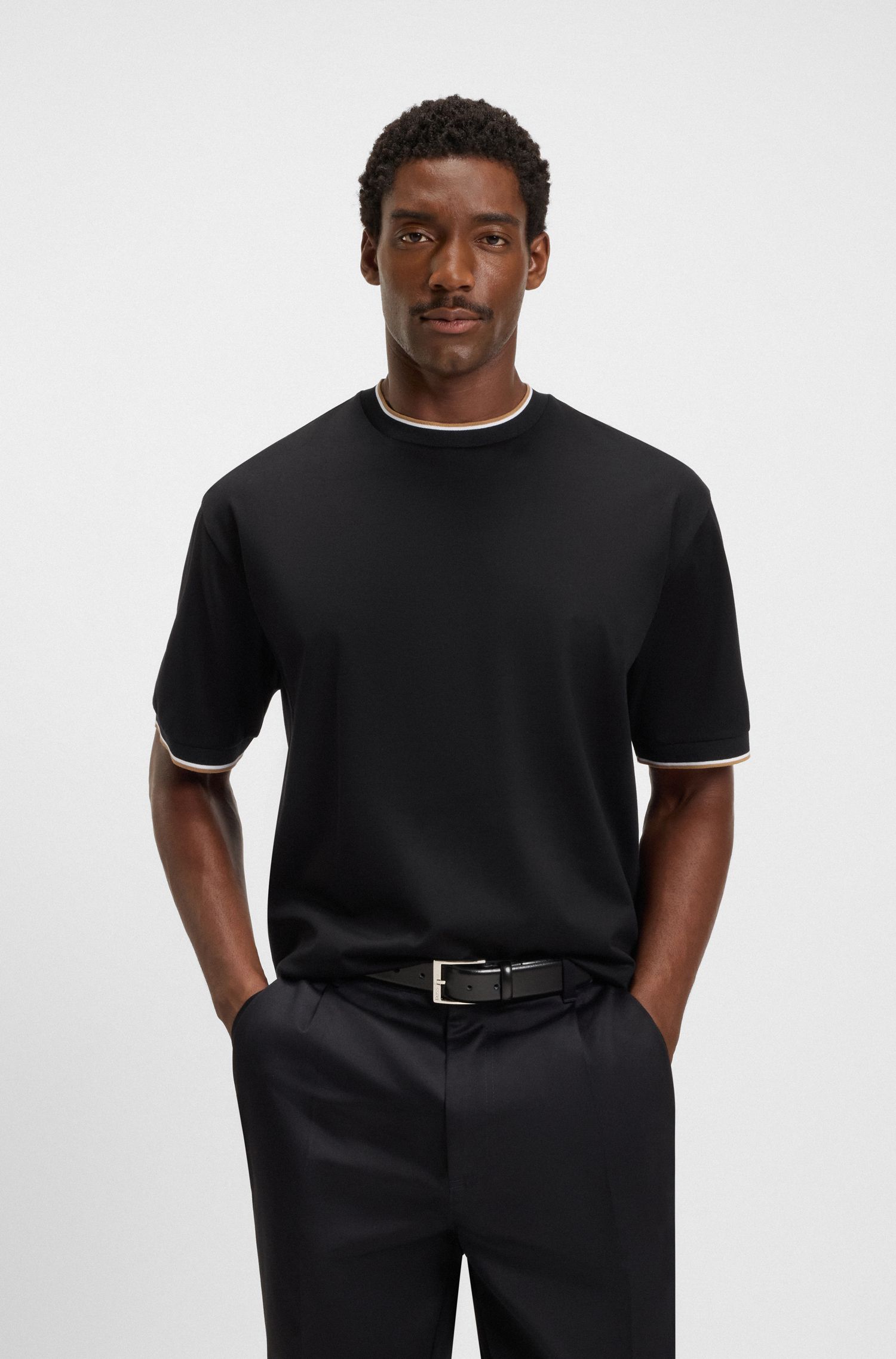 【BOSS博斯】条纹袖口丝光棉质 T 恤