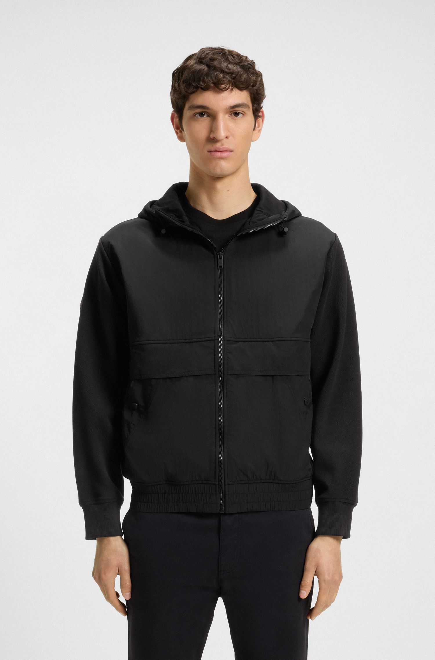 【BOSS博斯】混合材质拉链连帽衫